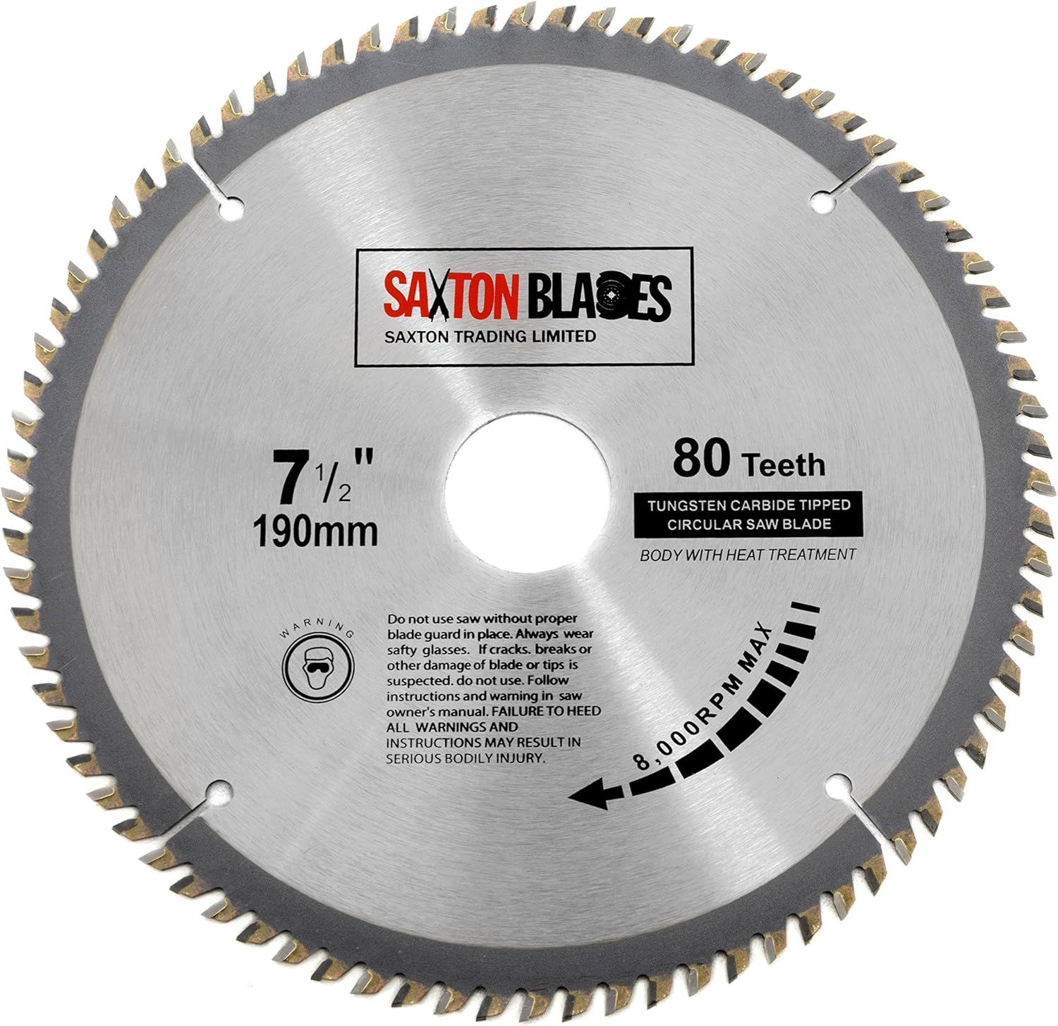 TCT19080T Saxton TCT Circular Wood Saw Blade 190mm x 30mm x bore x 80T for Bosch Makita Dewalt, Silver