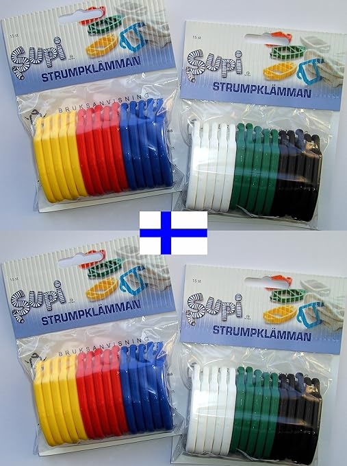 SUPI Sockenklammern, Sockenclips, Sockenhalter - das original Patent aus Finnland - stoffschonend - 60 Stück je 10 x gelb + r