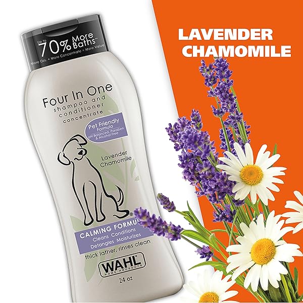 WAHL USA 4-IN-1 CALMING DOG SHAMPOO WITH LAVENDER CHAMOMILE SCENT – CLEANS, CONDITIONS, DETANGLES, & MOISTURIZES – PET FRIENDLY FORMULA – 24 OZ – MODEL 820000A