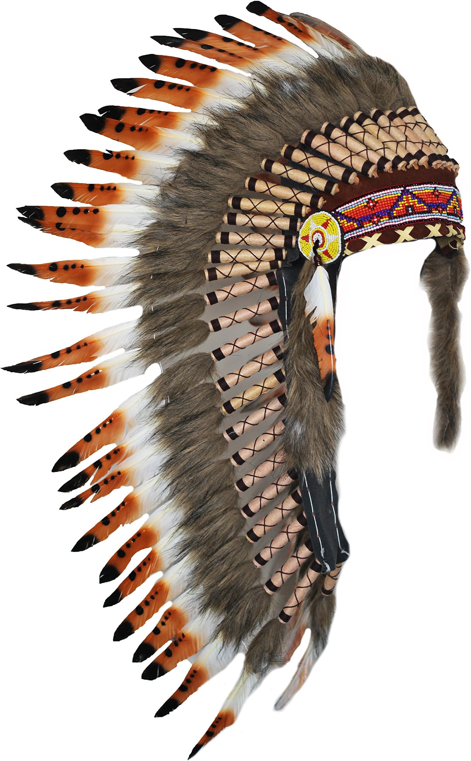 KARMABCN Y18 Indian Hat, Panache, Headdress Feathers Brown, Black and White with Brown Hair