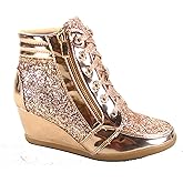 Forever Link Peggy-44 Women's Fashion Glitter High Top Lace Up Wedge Sneaker Shoes (5 B(M) US, Rose Gold)