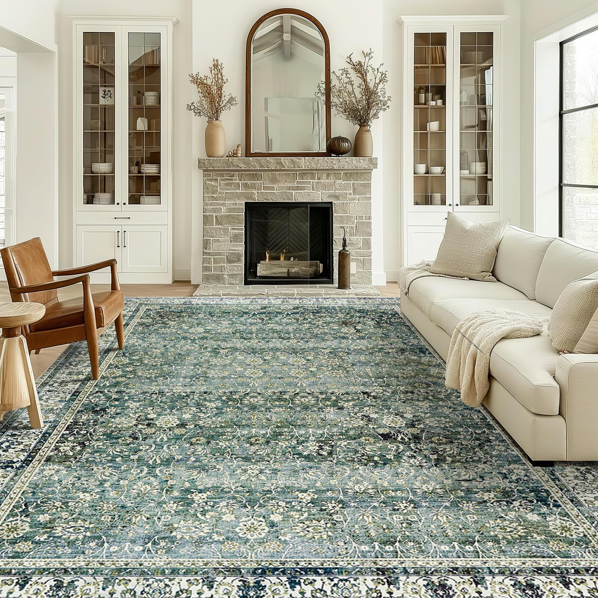 9x12 Area Rugs Washable Rug for Living Room Big Bedroom Under Bed,Faux Wool Soft No Slip Floral Boho Vintage Extra Large Carpet for Dining Room Under Table,9 by 12,Emerald Dark Green Image 9x12 Area Rugs Washable Rug for Living Room Big Bedroom Under Bed,Faux Wool Soft No Slip Floral Boho Vintage Extra Large Carpet for Dining Room Under Table,9 by 12,Emerald Dark Green Image