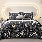 EXQ Home Quilt Set Full Queen Size Black Print Black Sun Starry Pattern | Bedding Set For All Season Use, Soft & Breathable Coverlet,3-Piece Set Includes 2 Shams, Machine Washable