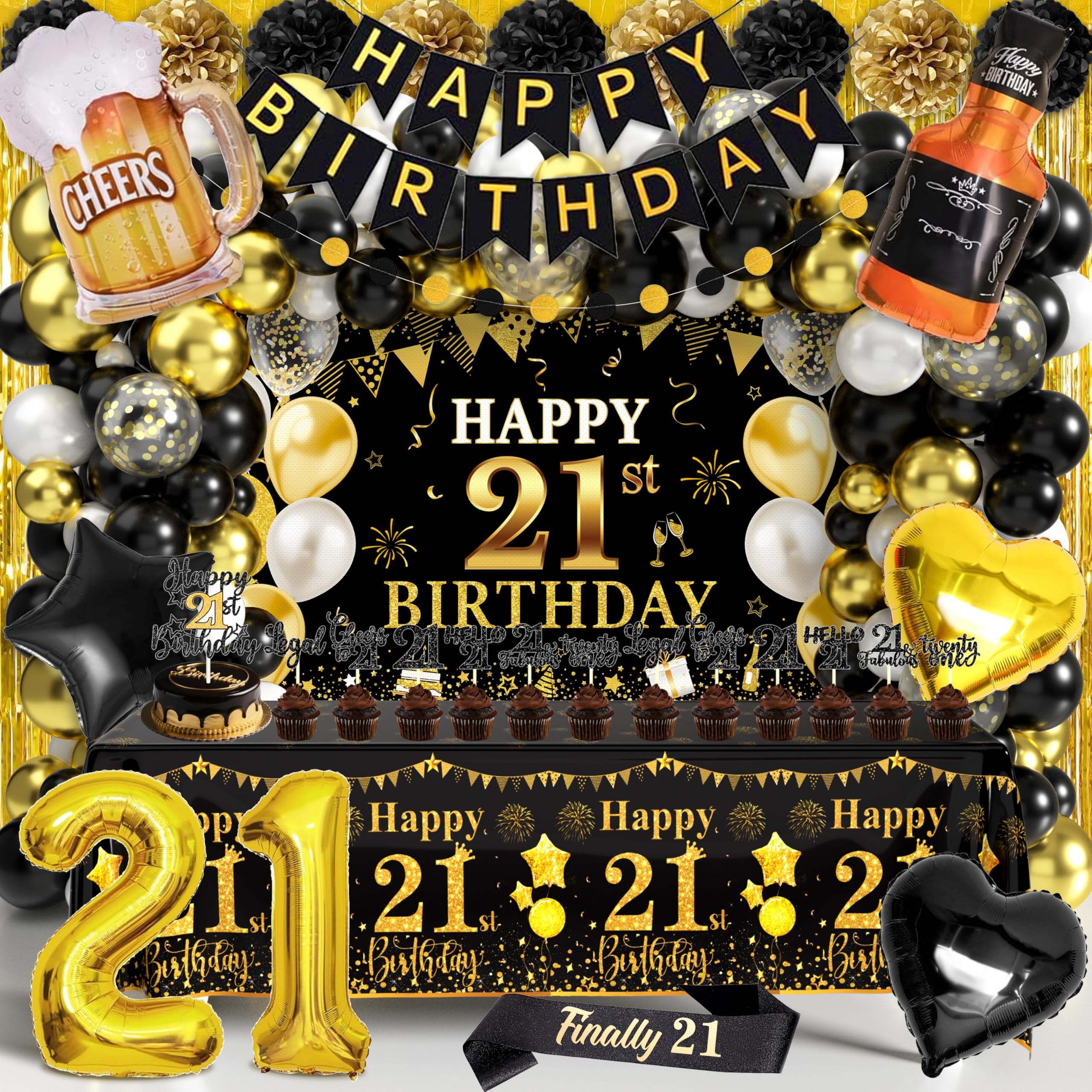 Photo 1 of 21st Birthday Decorations for Him Men, Black Gold Happy 21st Birthday Decor with Balloon Arch Backdrop Banner Fringe Curtains Tablecloth Cake Topper Sash for Her Women Party Supplies
