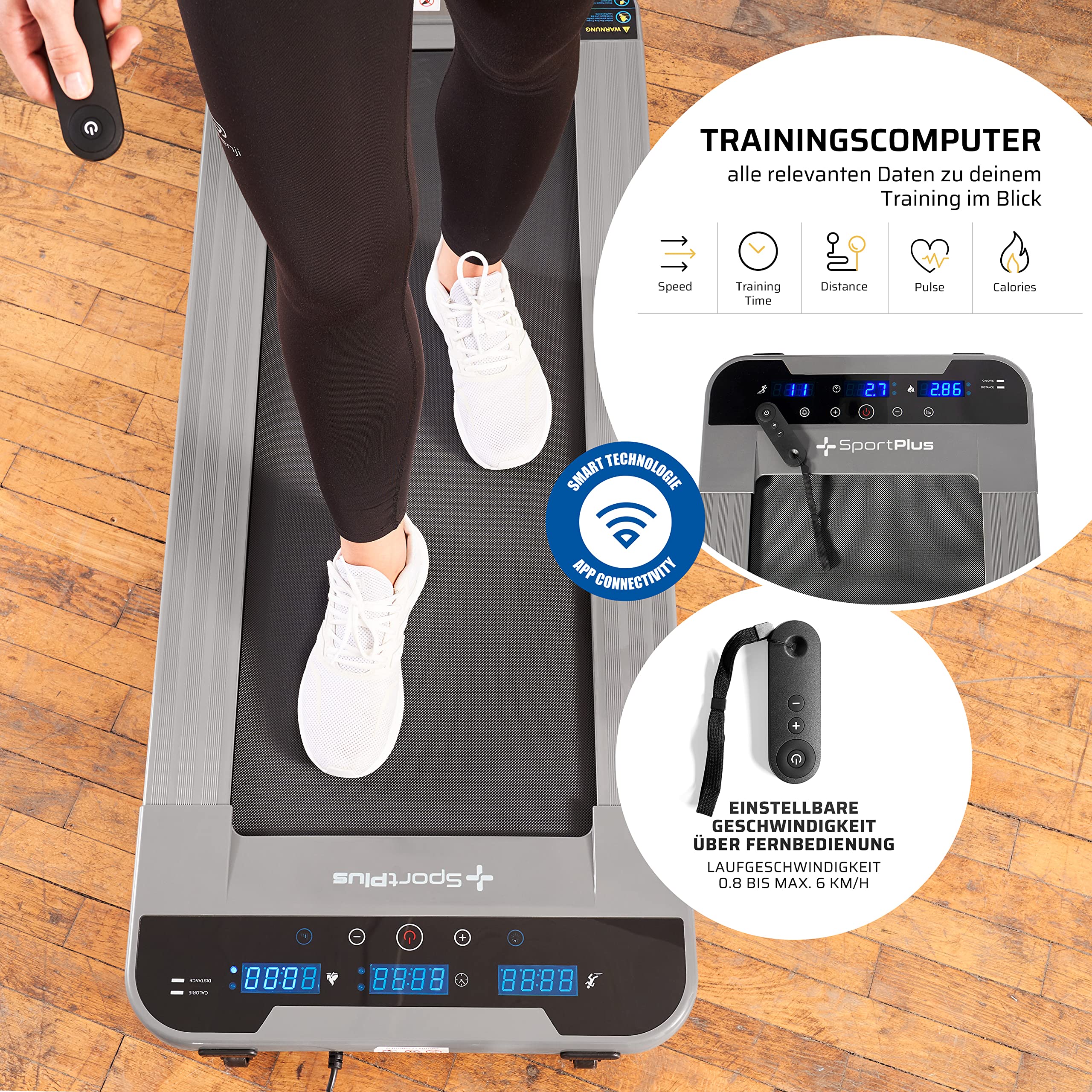 SportPlus | Kompaktes Walking-Pad für zuhause bis 6 km/h | Desk Walking-Pad für Schreibtisch, Büro & Homeoffice | App kompatibel | Treadmill bis 120kg belastbar 4
