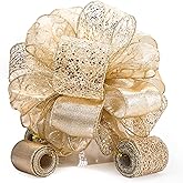 CT CRAFT LLC Champagne Gold Swirl Christmas Tree Topper Bow 11" with 4 Ribbon Streamers x 3 Yards Long Each for Holidy Elegant Fancy Home Décor Indoor