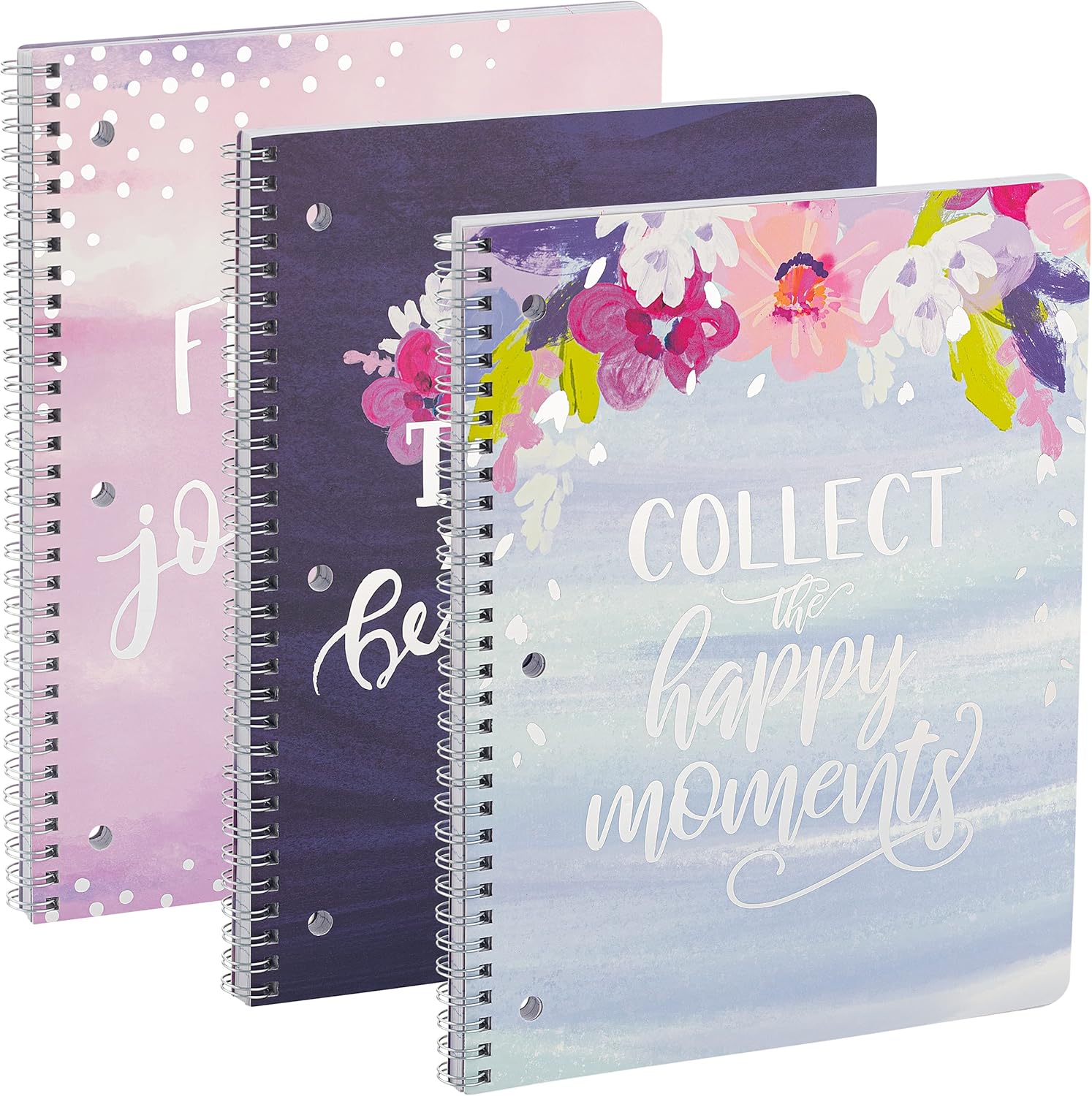 Printed 1 Subject Notebook 10.5 x 8.5 College Ruled Paper 60 GSM 80 Sheets “Silver Lining Collection” (Beautiful, Joy, Happy) Perfect for School, Office and Home Use - 3 Pack by Emraw : Office Products