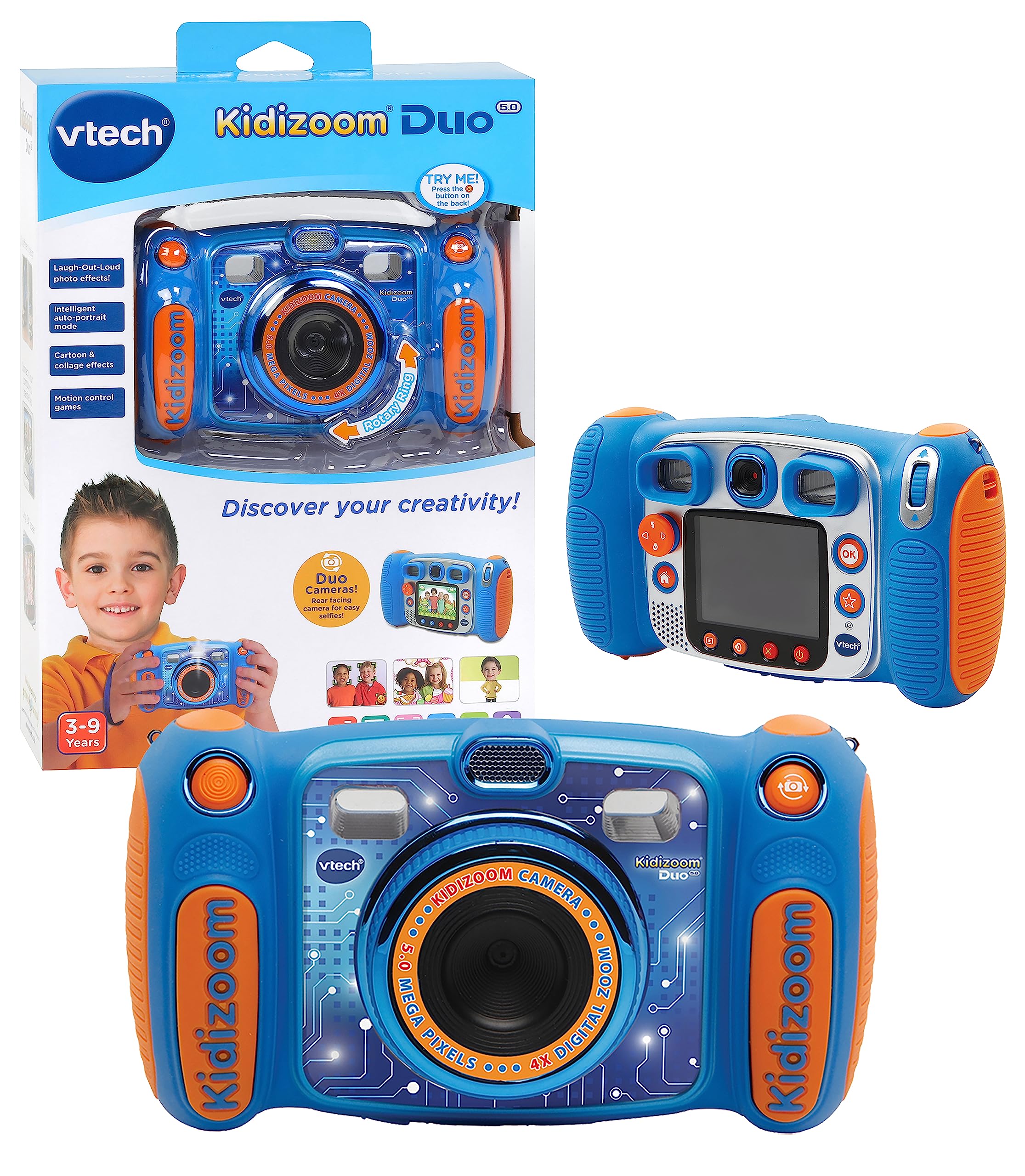 VTech Kidizoom Duo Camera 5.0 For Kids with Colour Display, 5MP, For Photos, Selfies & Videos, 4X Digital Zoom, Games, Photo Editing & Effects, for Infants aged 3, 4, 5, 6, 7 + years, Blue
