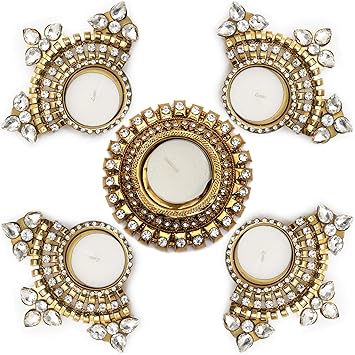 HomeSquare Golden Metal Tealight Holder | Diwali Diya - Set of 5
