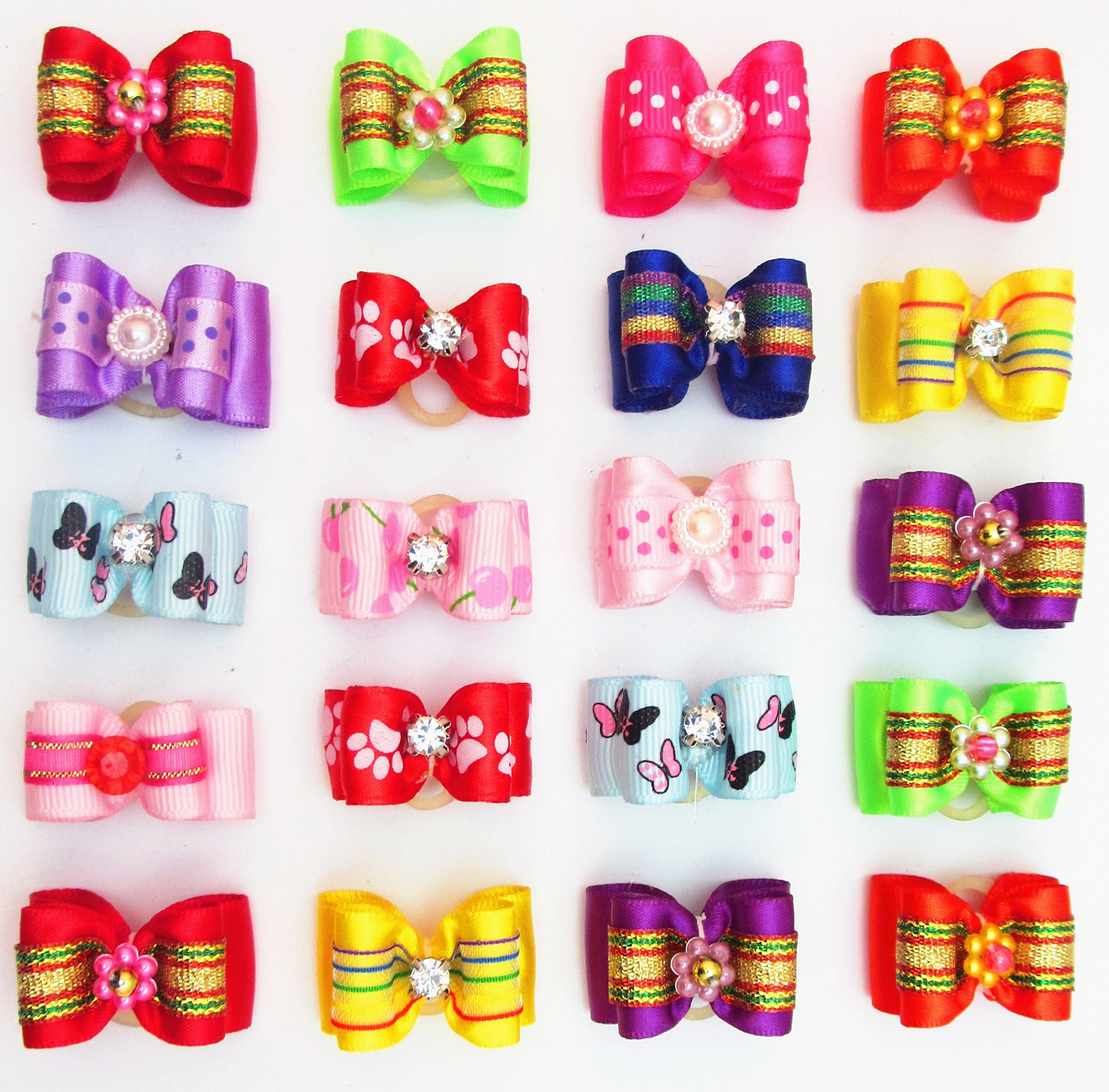 Dandan DIY 20pcs Mix Lots Hair Bows with Tiny Rubber Bands Pet Dog Hair Bows with Pearl and Diamonds Pets Grooming Accessories