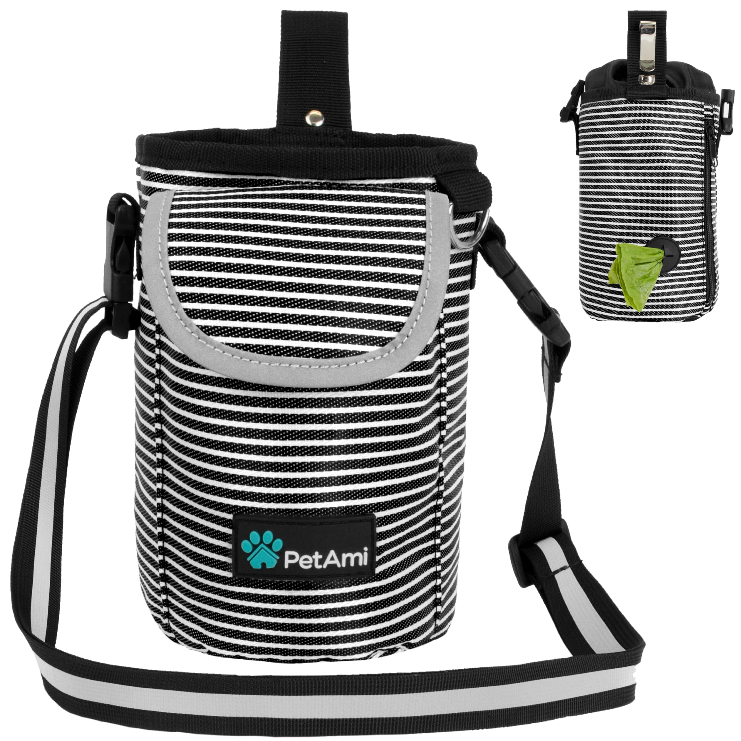 PetAmi Dog Treat Pouch with Large Front Pocket| Dog Training Pouch Bag Waist Shoulder Strap, Poop Bag Dispenser, Collapsible Bowl| Training Bag for Kibbles, Pet Toys| 3 Ways to Wear (Stripe Black)