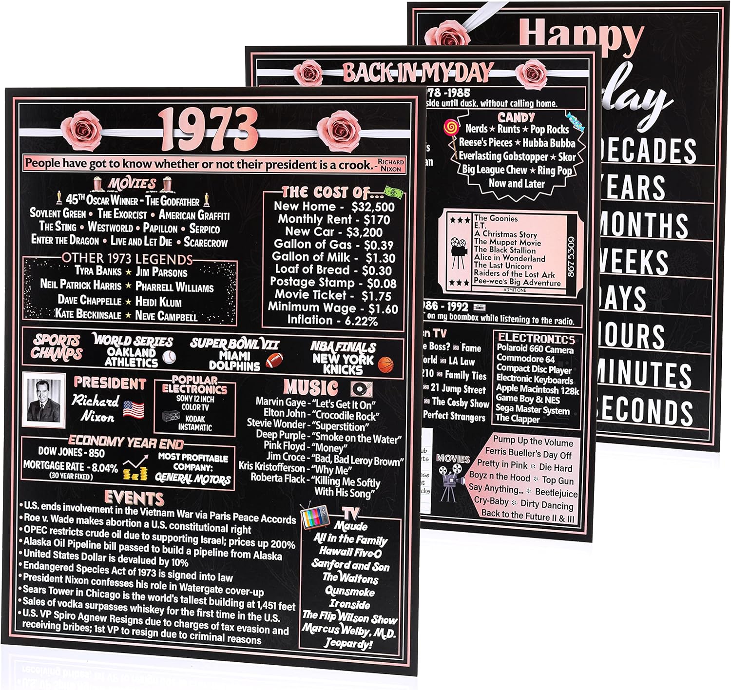 Wall Décor - VAPARA DESIGNS 50th Birthday Decorations For Women - 3 Pack of Fun, Artistic 11x14 Rose Gold Birthday Posters - 50th Birthday Gifts For Women - 50 Years Ago - Back In 1973