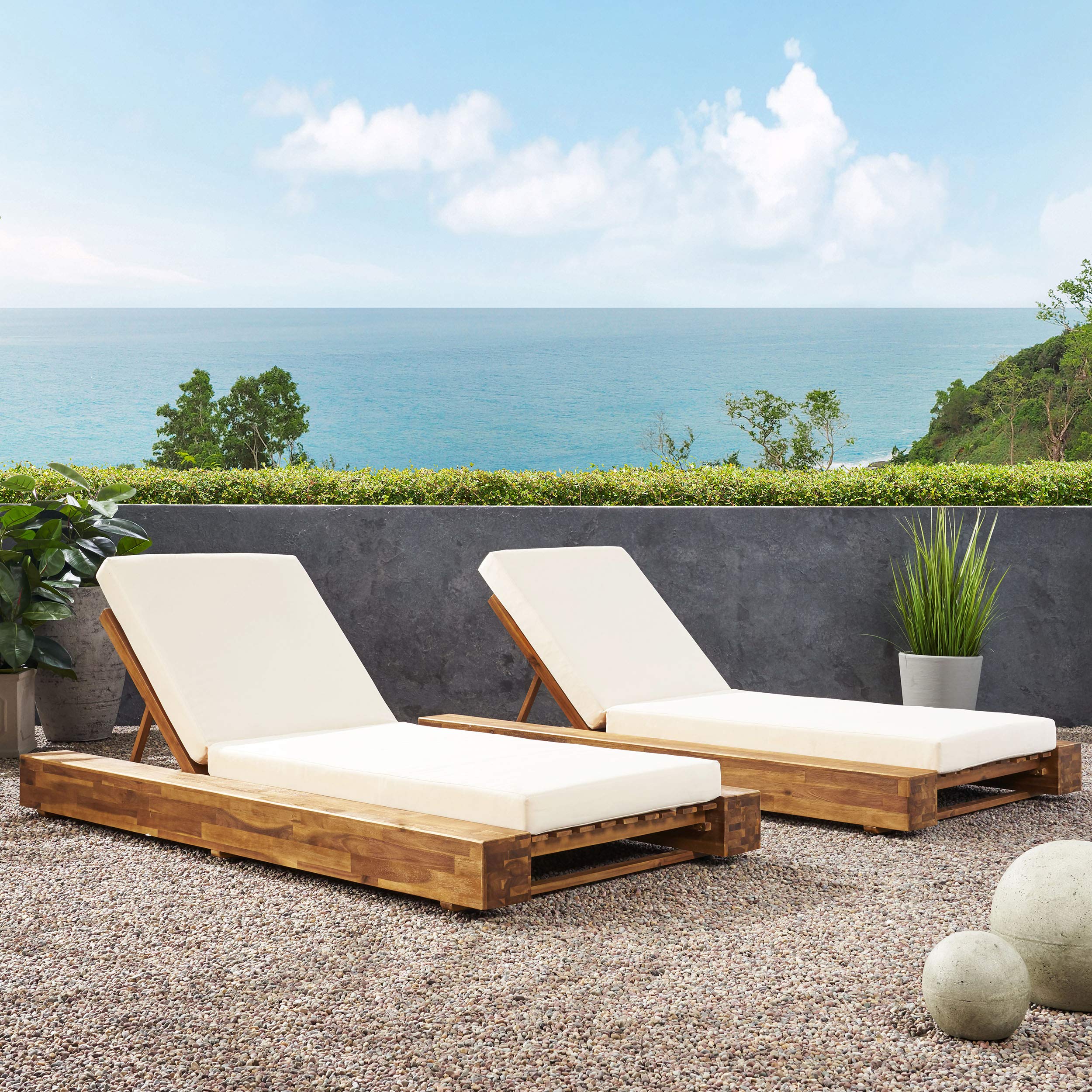 Photo 1 of ***********THIS IS ONLY 1 SET OF CUSHIONS************Christopher Knight Home Tory Acacia Wood Chaise Lounge Chair Outdoor Set of 2, Adjustable Backrest Sun Lounger Recliner, Patio Outdoor Chaise Lounge with 4" Thick Water-Resistant Cushions, Teak+Cream
