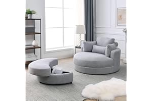 DEINPPA Modern 360° Rotating Sofa Chair with 3 Pillows Soft Cushions, Accent Barrel Sofa Swivel Barrel Chair with Storage Ottoman, Sofa Club Lounge, for Living Room(Light Grey +Linen Fabric+Sponge)