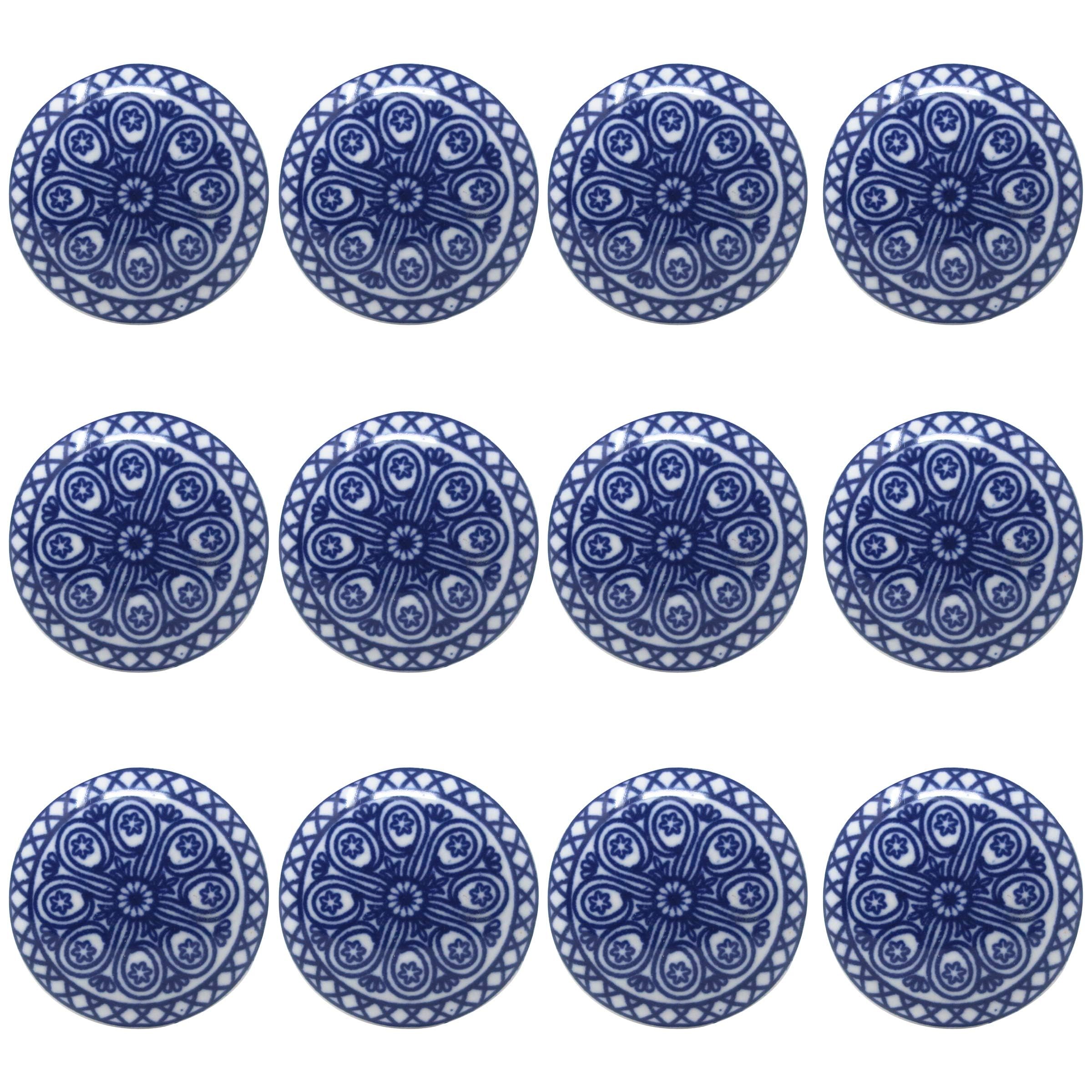 Ajuny Ceramic Cupboard Knobs Set of 12 – Blue & White Printed Drawer Pulls for Kitchen Cabinets, Dressers, Wardrobes & Bathroom Furniture – Vintage Decorative Handles, Fixings Included