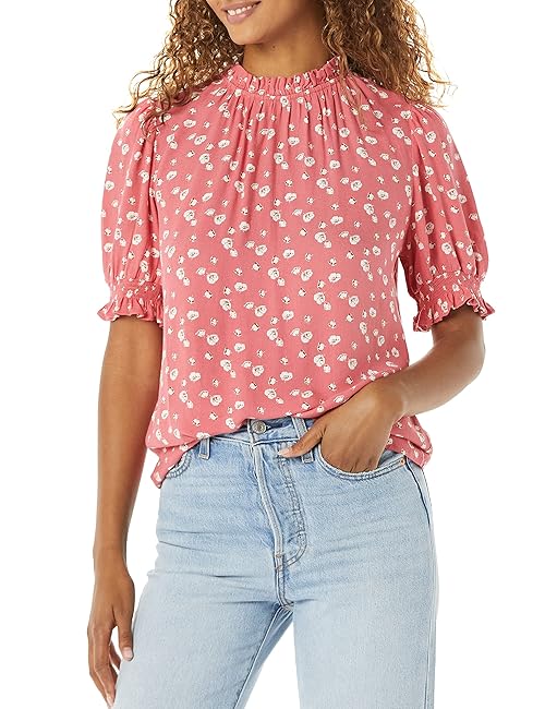 Amazon Essentials Women's Fluid Twill Short Puff Sleeve Smock Detail Shirt, Raspberry Red Floral, XX-Large