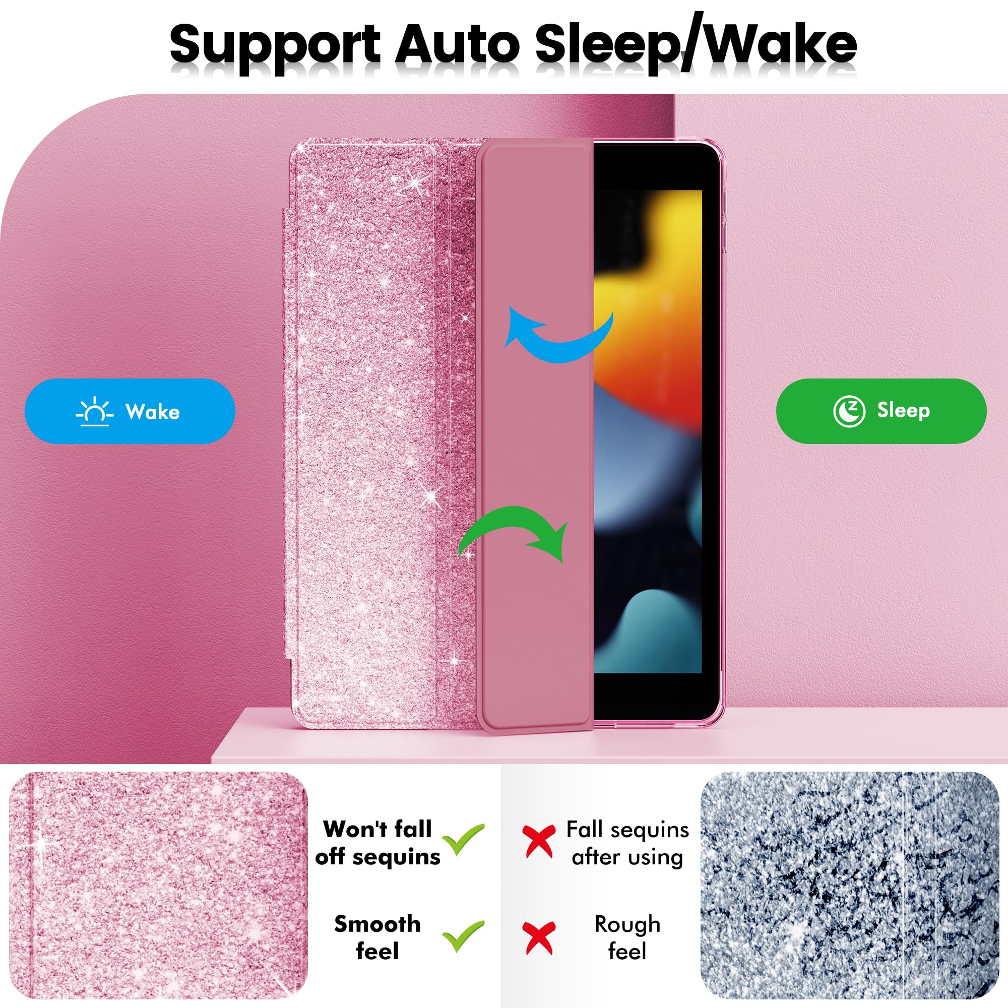 INFILAND for iPad 9th/8th/7th Generation Case 2021/2020/2019 10.2 inch, Glitter Slim Protective Cover with Clear Back, Pencil Holder for Kids Girls for iPad 7/8/9 Gen, Pink