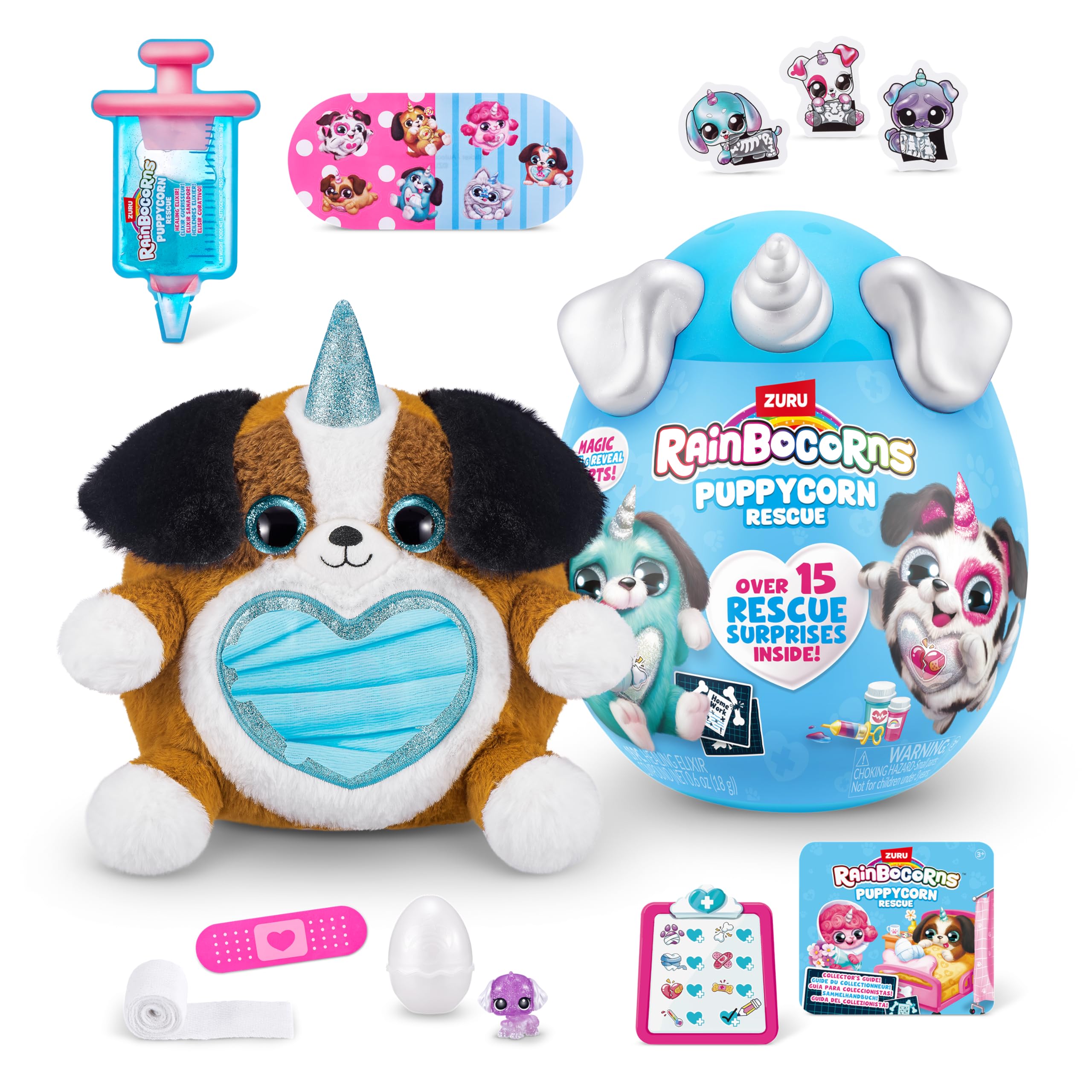 Rainbocorns Puppycorn Rescue Surprise Age 3+, Beau the Shepherd - Collectible Plush - Over 12 Surprises, Peel and Reveal Heart, Stickers, Syringe Slime, Ages 3+ (Shepherd)