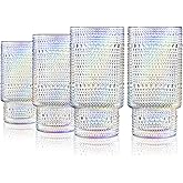 Joeyan Iridescent Drinking Glasses,Vintage Embossed Stacking Water Tumblers Romantic,Clear Hobnail Rainbow Glassware Set,Beaded Highball for Juice Beverages Coffee Tea Cocktail,10 oz,Set of 4