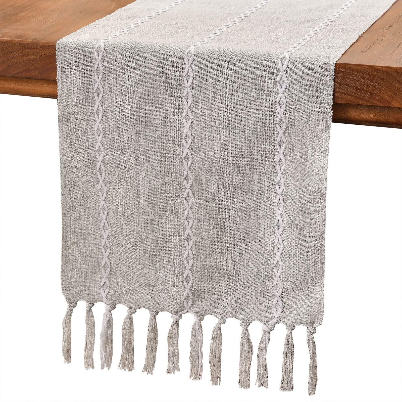 Wracra Cotton Linen Table Runner Farmhouse Style Grey Table Runner 150cm with Hand-tassels for Party, Dining Room Decorations Dessert Table Decor(Light Grey, 150cm)