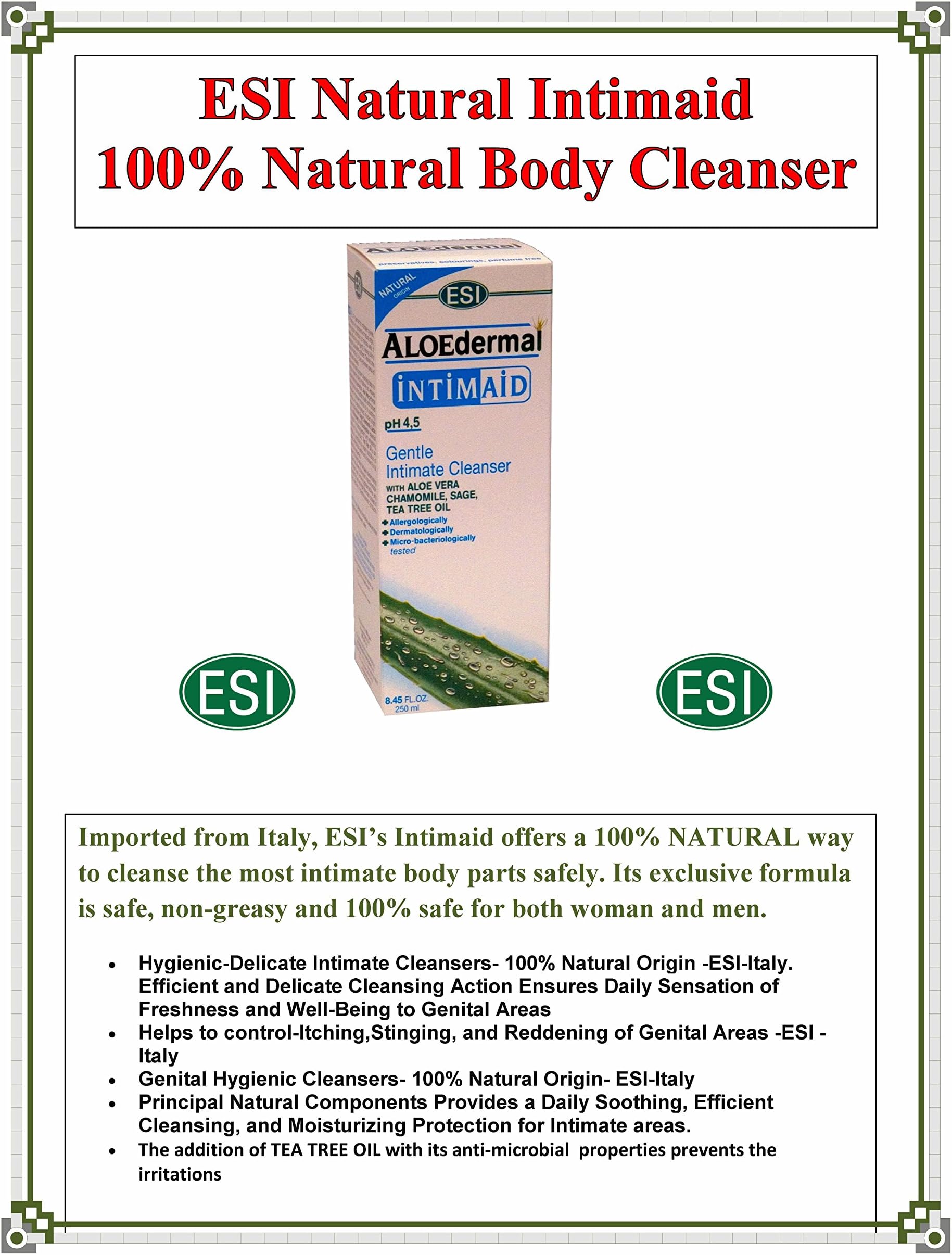 2-Bottles ESI Aloedermal Intimaid Gentle Intimate Body Cleanser W/Aloe- 100% Natural for Women and Men 8.45 Ounce Direct from Americas only Importer Save! Less Then $1.12 per oz.