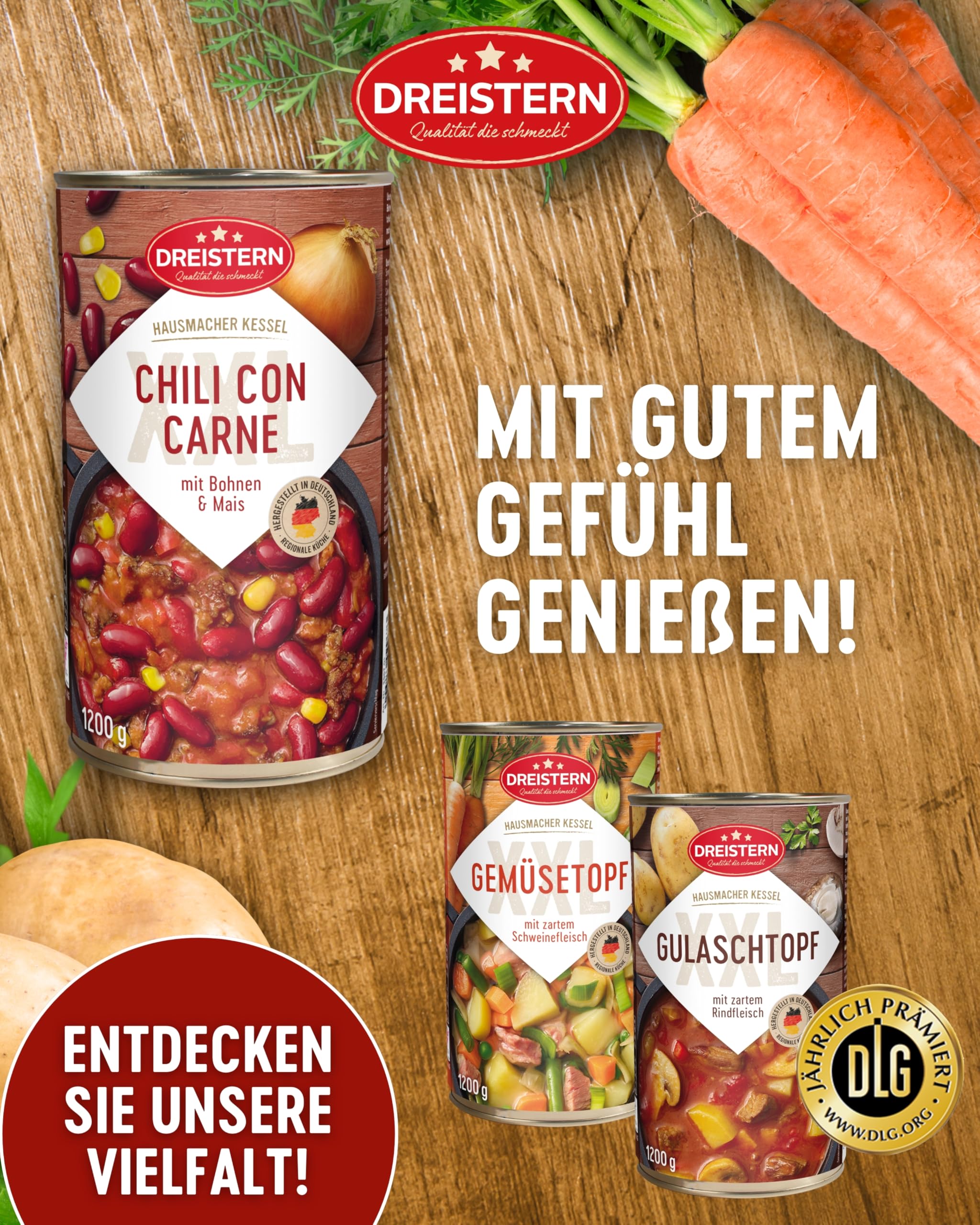 DREISTERN Chili con Carne 1200g I Mit Schweinefleisch & Gemüse I XXL Pikanter Eintopf in recyclebarer Konservendose I Lange Haltbarkeit dank natürlicher Konservierung I Hausmacher Qualität 6