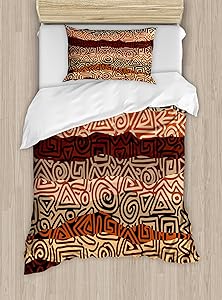 Ambesonne Vintage Duvet Cover Set Twin Size, Strikes Pattern in Brown Colors Curved Spiral Lines, Decorative 2 Piece Bedding Set with 1 Pillow Sham, Beige Black