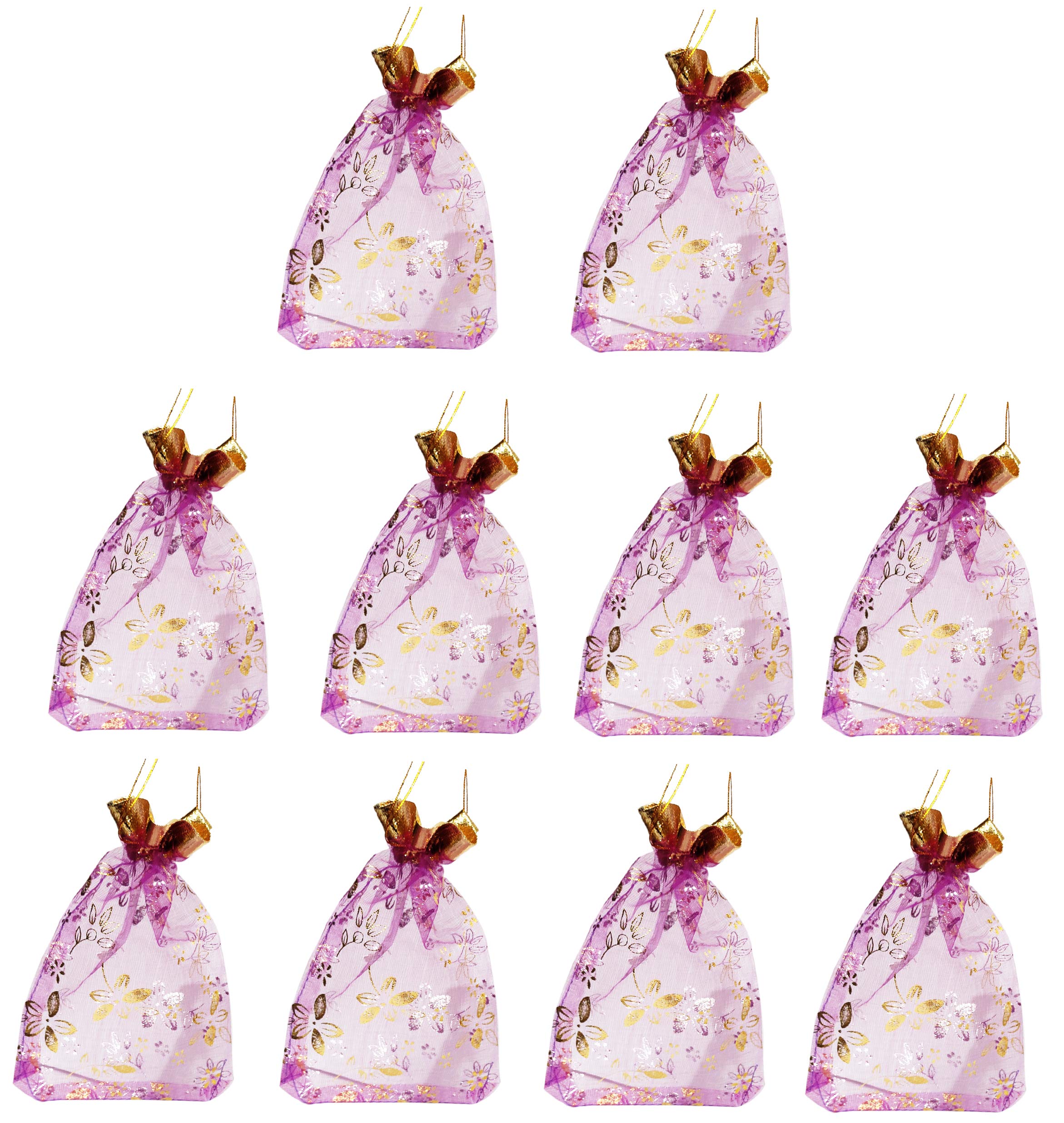Purpledip Polyester Net Brocade Gift Pouch, Purple, 7 Inches: Pack of 10 Potli Gift Bags (12080)