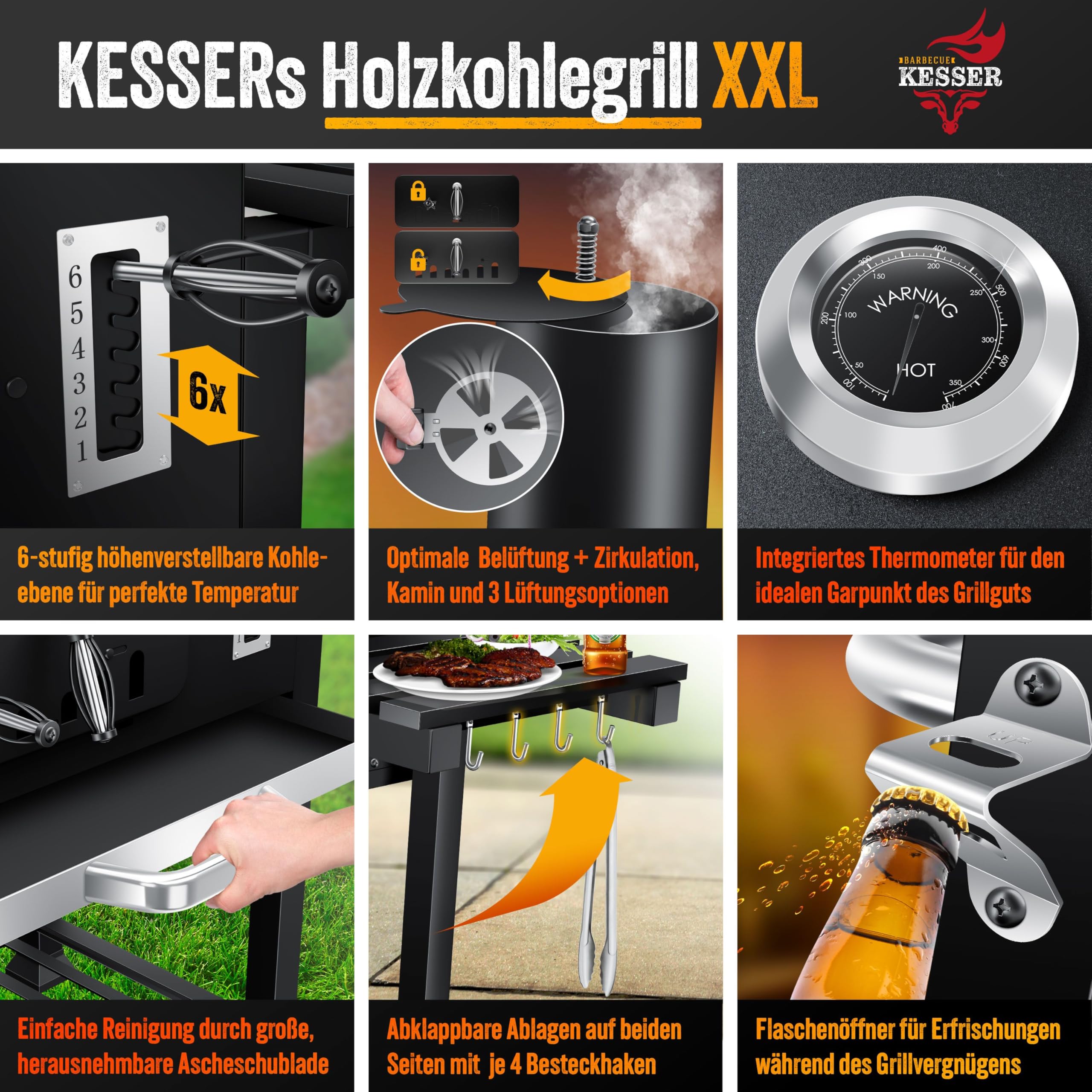 KESSER® Grillwagen BBQ Smoker XXL Holzkohlegrill mit Deckel, Rädern, Edelstahl-Griff, Thermometer, Grillrost, Bürste, Abdeckhaube & Silikon-Pinsel, Standgrill, Kohlegrillwagen 4