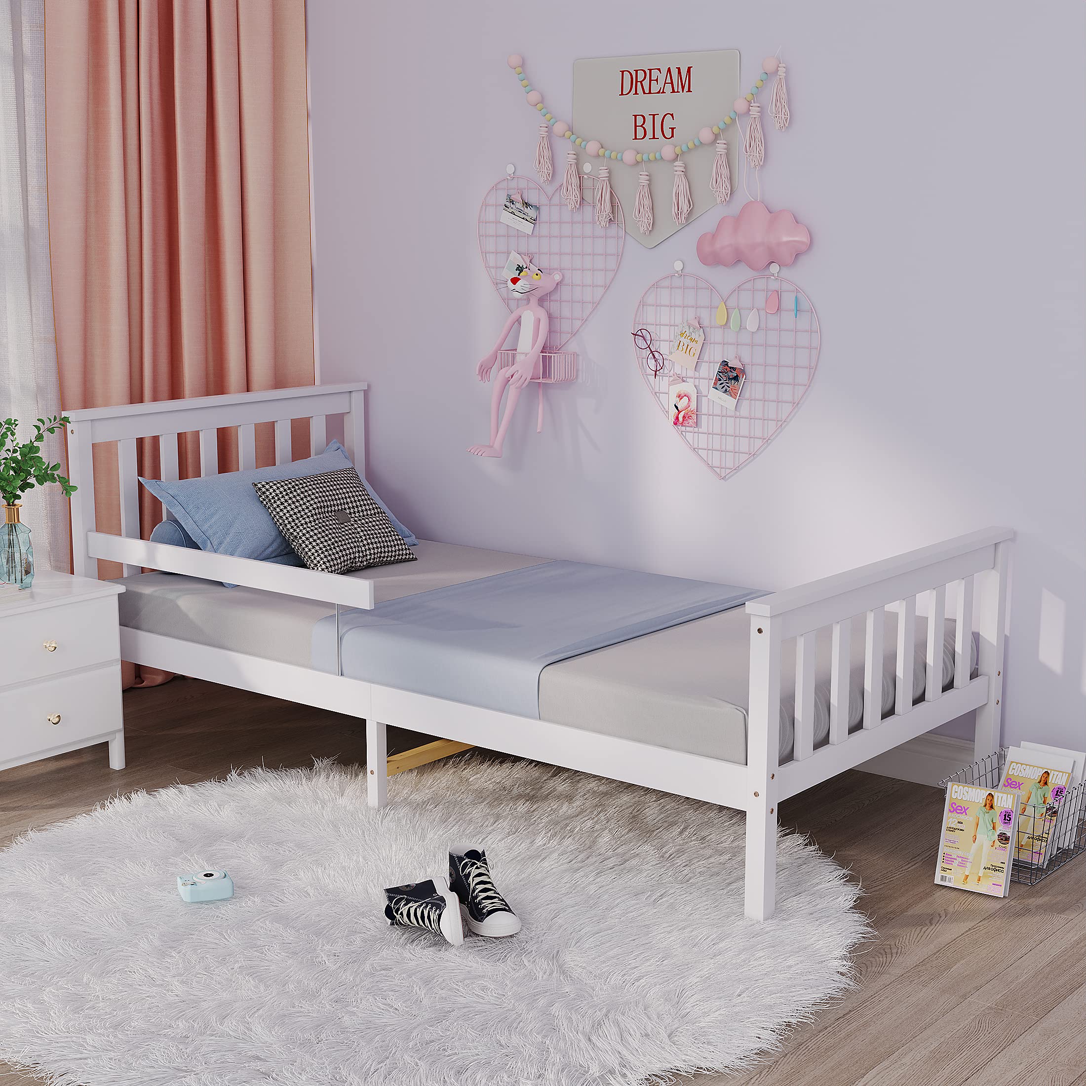 Panana Single Bed Frame with Heardboard Guardrail, 3ft Soild Wood Bed Wooden Frame for Children Bedroom (White)