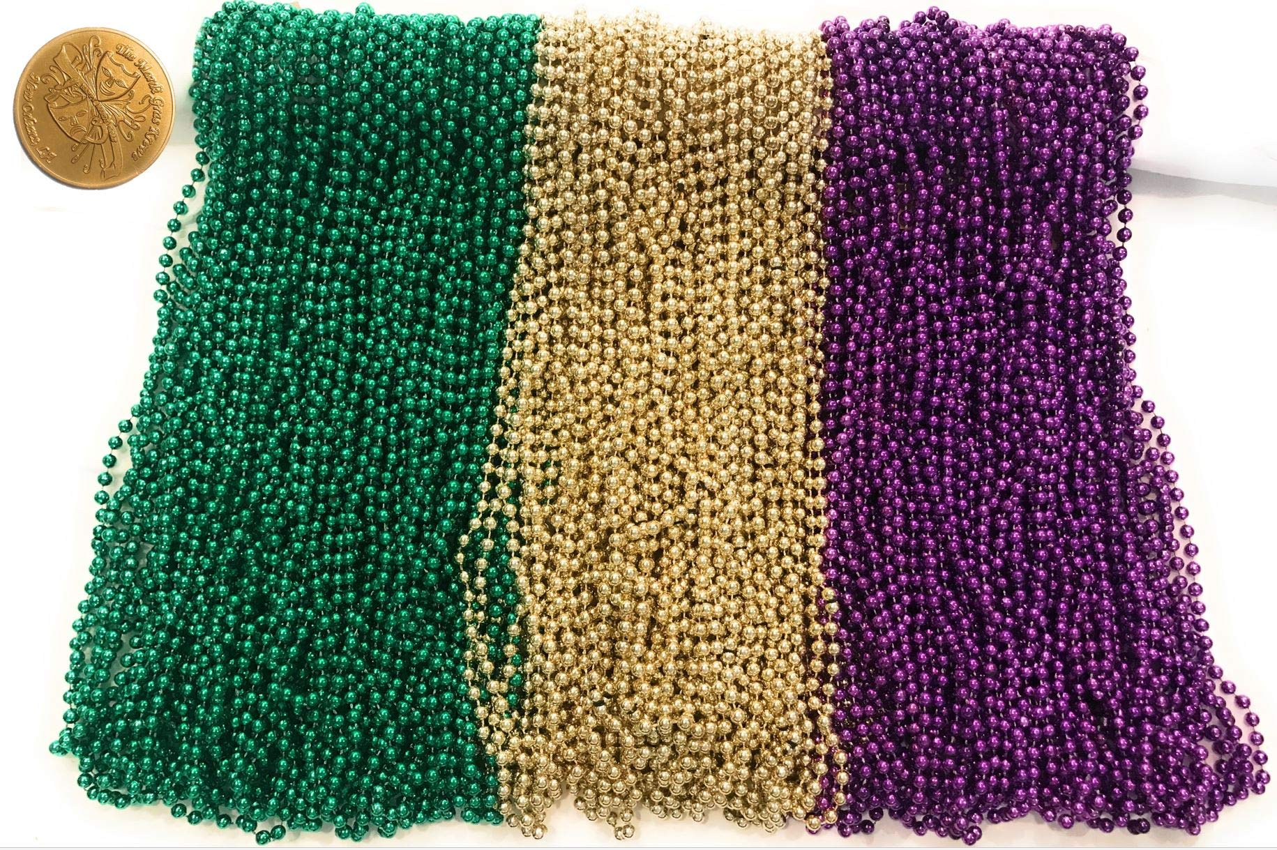 Mardi Gras Beads 33 inch 7mm, 12 Dozen, 144 Pieces, Purple Green and Gold Necklaces with Doubloon