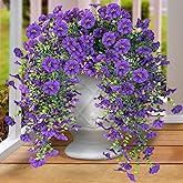 Sggvecsy Artificial Fake Hanging Flowers Plants for Outdoor Outside Spring Summer Decoration 2PCS Faux Silk UV Resistant Realistic Morning Glory with Eucalyptus for Home Porch Patio Balcony(Purple)