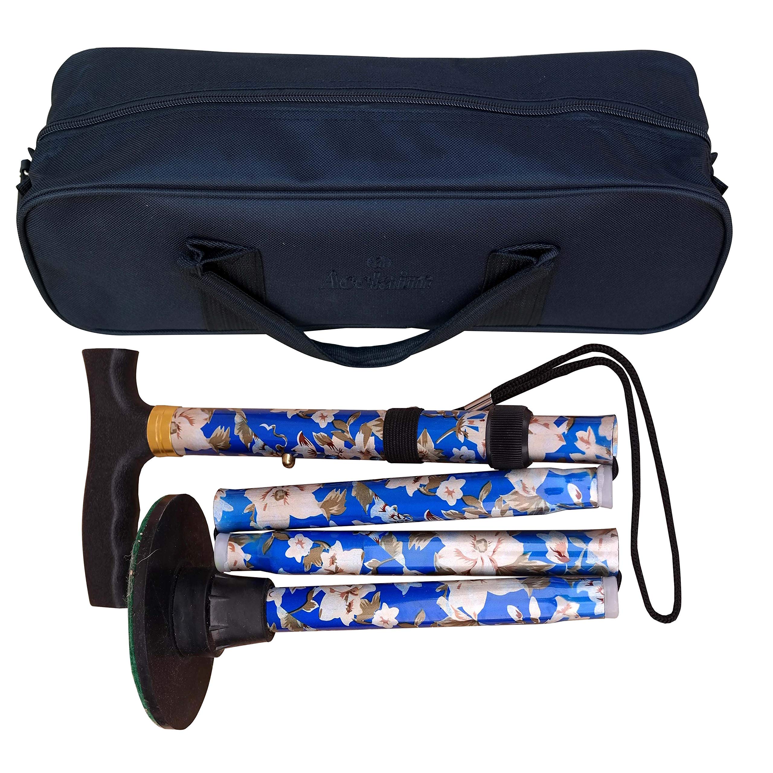 ACCLAIM Bowlers 33"-37" Lawn Bowls Floral Flowered Metal Folding Walking Stick & Green Protector With Green Synthetic Felt Base In Carrying Bag (Blue Floral)