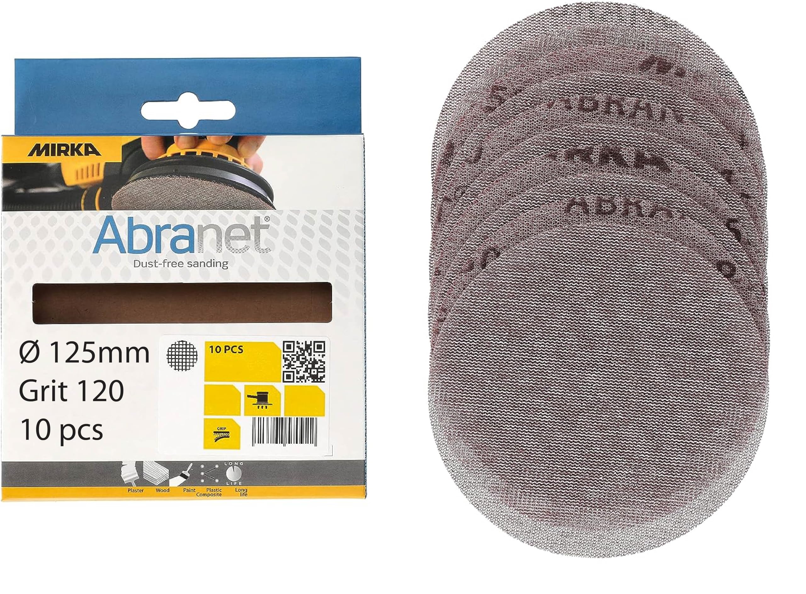 Mirka Abranet net sanding discs Ø 125 mm Hook & loop/Grit P120 / 10 pcs/for sanding wood, filler, varnish, plastic / AE232F1012
