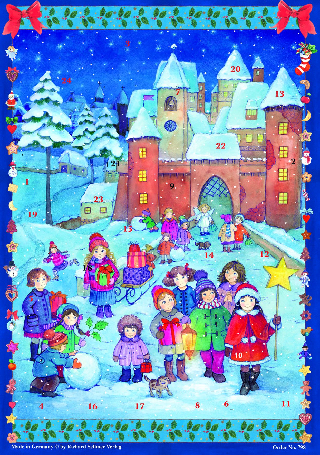 Large Advent Calendar 24 Doors 355 x 260 mm - Snowscene Children Carol Singing Blue - with Glitter and Translucent Windows - RS 798 - Traditional Antique German Design