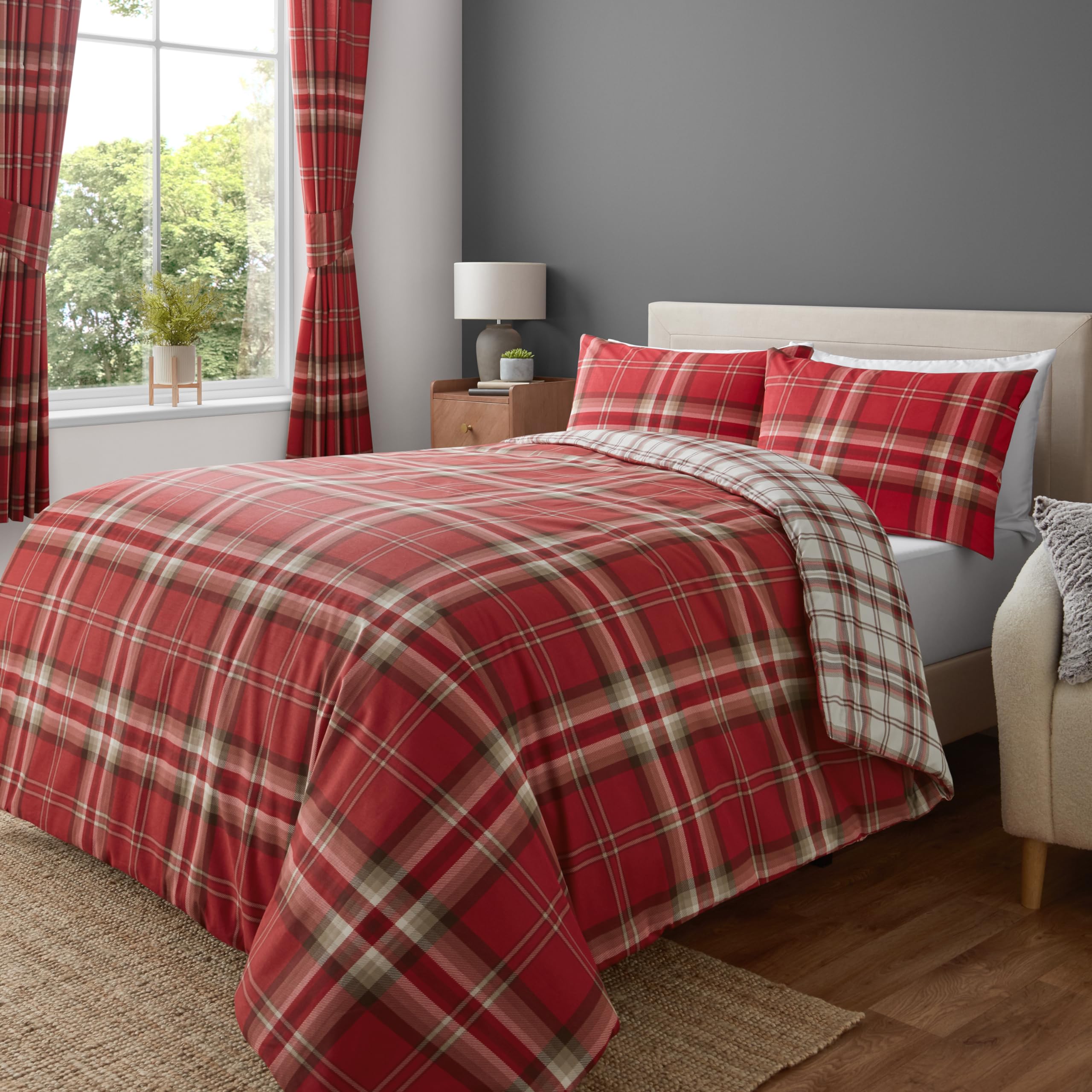 Catherine Lansfield Kelso Check Reversible Single Duvet Cover Set with Pillowcase Red