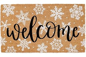 JarThenaAMCS Winter Natural Coir Doormat WhiteSnowflake Welcome Floor Mat Christmas Non-Slip Entrance Door Rug for Xmas Indoor Outdoor Home Bathroom Decor, 16.5 x 29 Inch