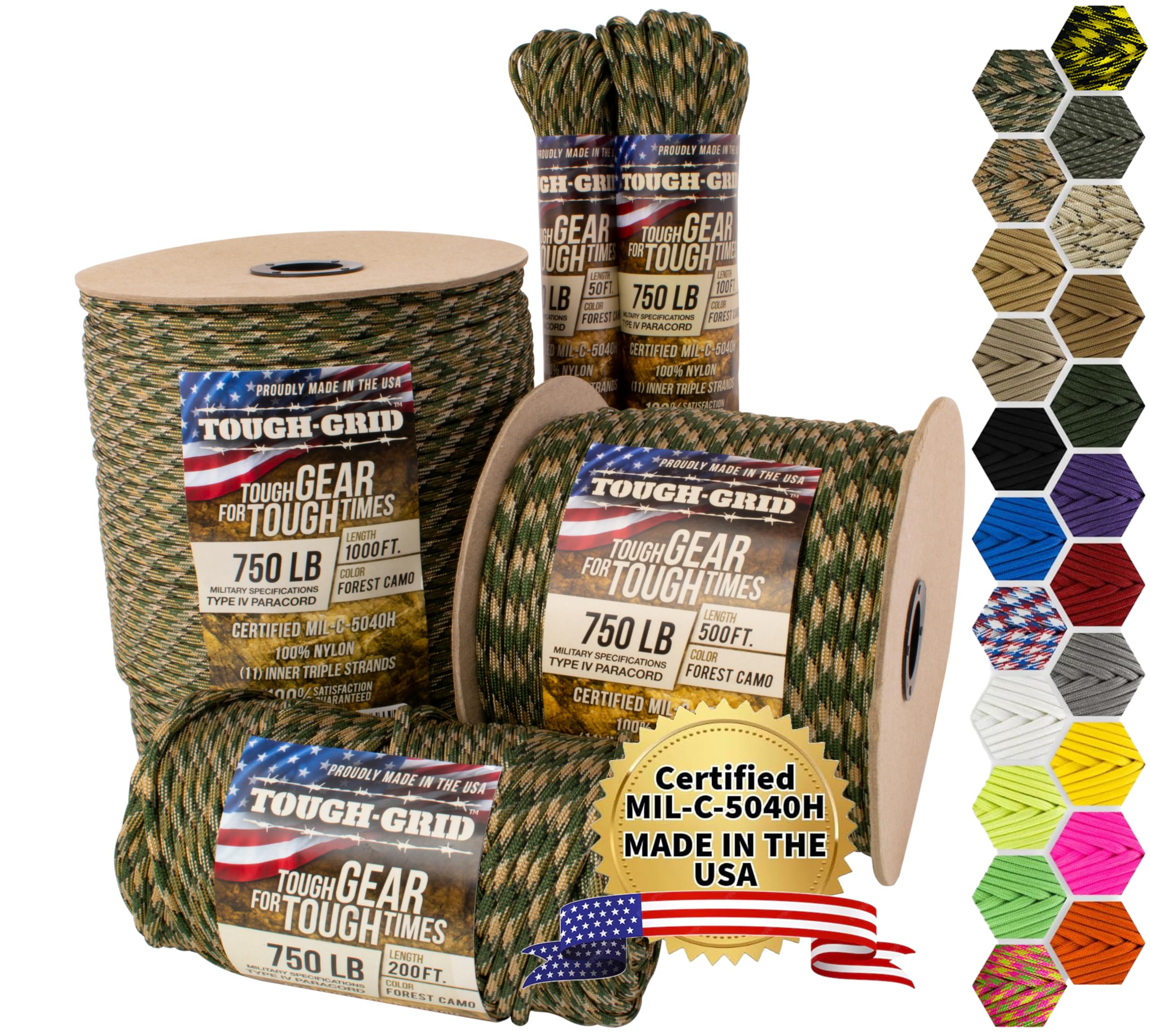TOUGH-GRID PC100 750lb Paracord - 100% Nylon Military Specifications Type IV - For Military, Camping, Hammocks, Emergencies - Forest Camo