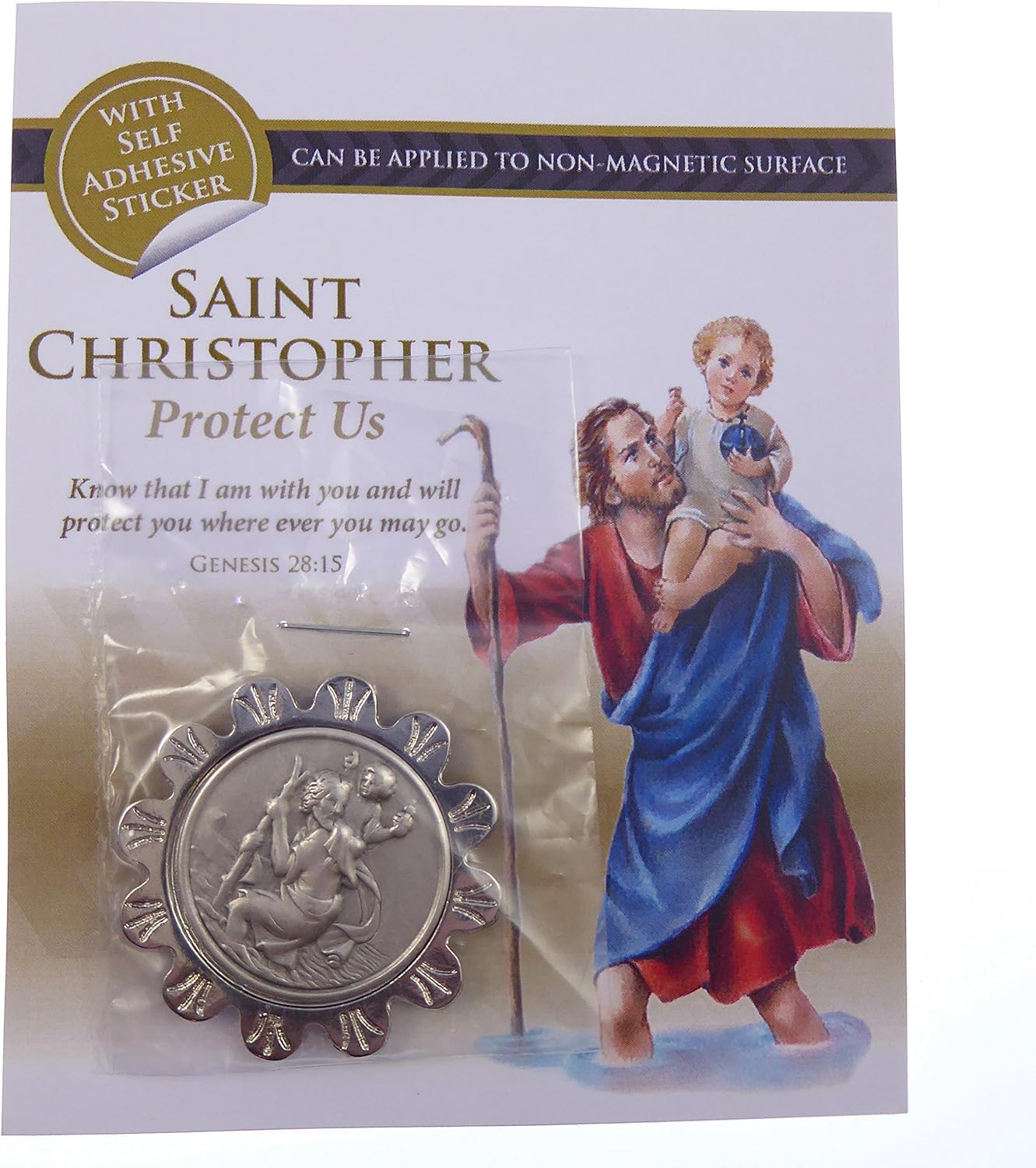Catholic St. Christopher silver metal car plaque adhesive & magnetic 3.5cm