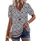 LOMON Boho Tops for Women Summer V-Neck Tie Front Peasant Blouses Casual Puff Sleeve Loose-Fit Flowy Shirts Beach Vacation
