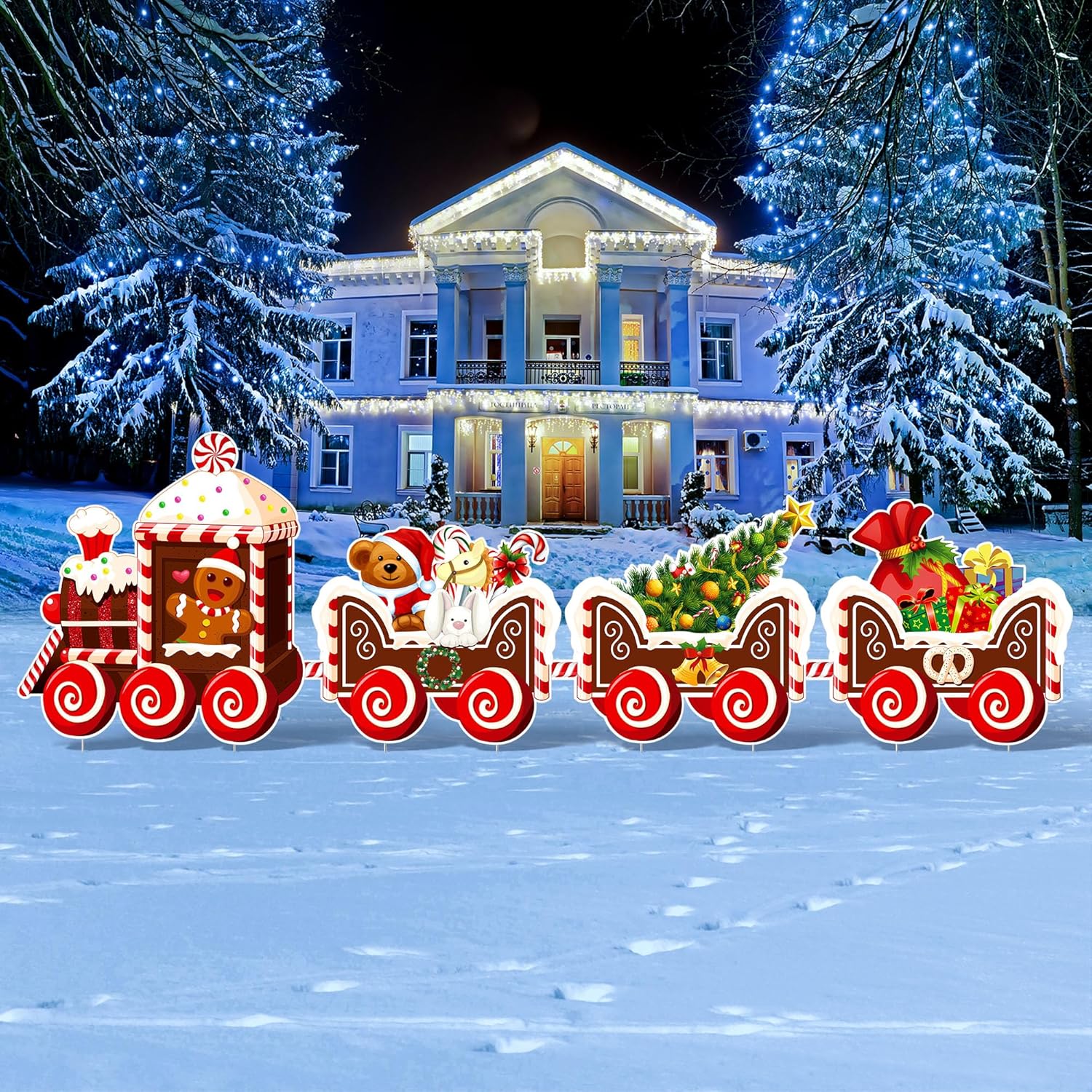 Yard Signs - 4 Pieces Christmas Decorations Outdoor Yard Train Lawn Sign Gingerbread Santa Snowman Heart Yard Sign with 8 Yard Stakes for Outdoor Christmas Decorations (Warm Style)