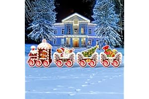 Marsui 4 Pieces Christmas Train Decorations Outdoor Yard Lawn Signs Christmas Tree Gingerbread Santa Snowman Reindeer Train with 8 Stakes for Xmas Holiday Outside Garden Lawn Yard Decor
