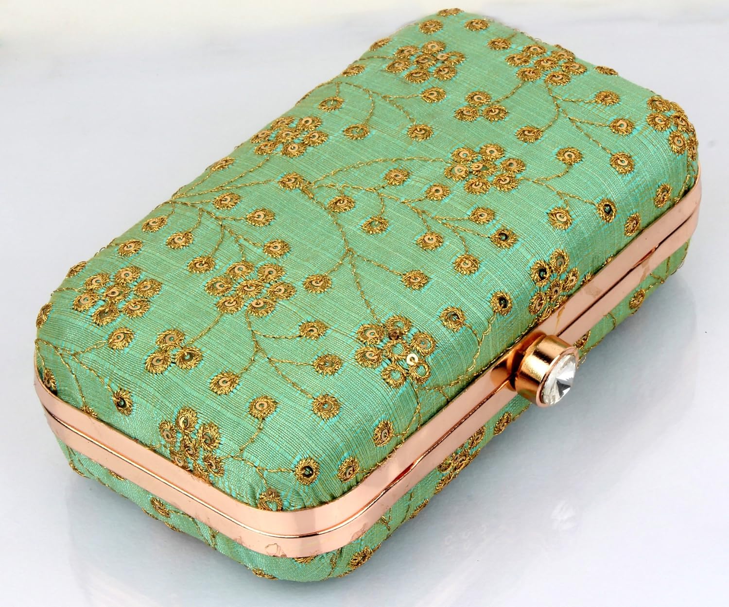 mammon women's bridal clutch with golden sling (bridal-floral-olive)