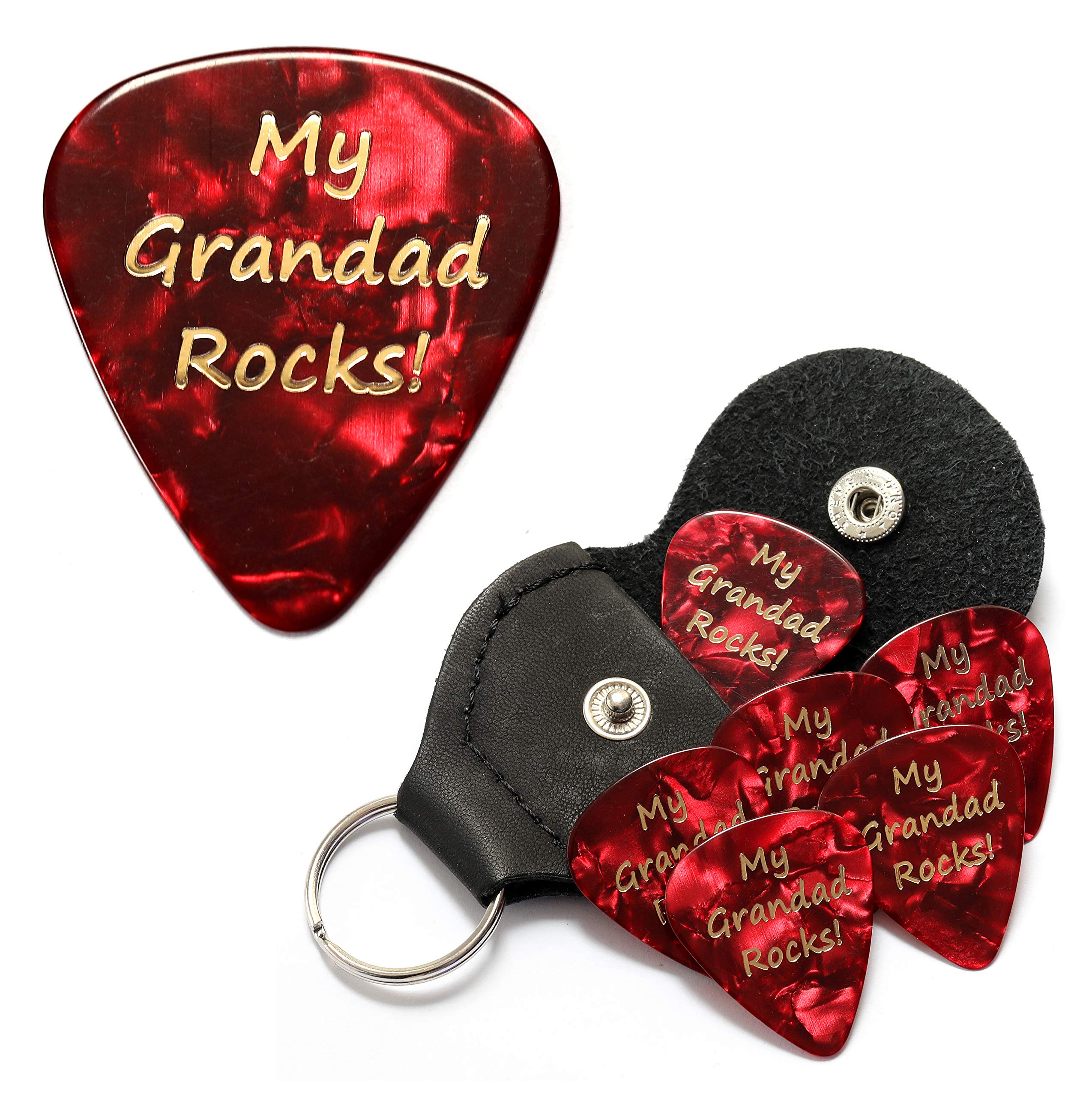 My Grandad Rocks Red Guitar Picks With Leather Plectrum Holder Keyring