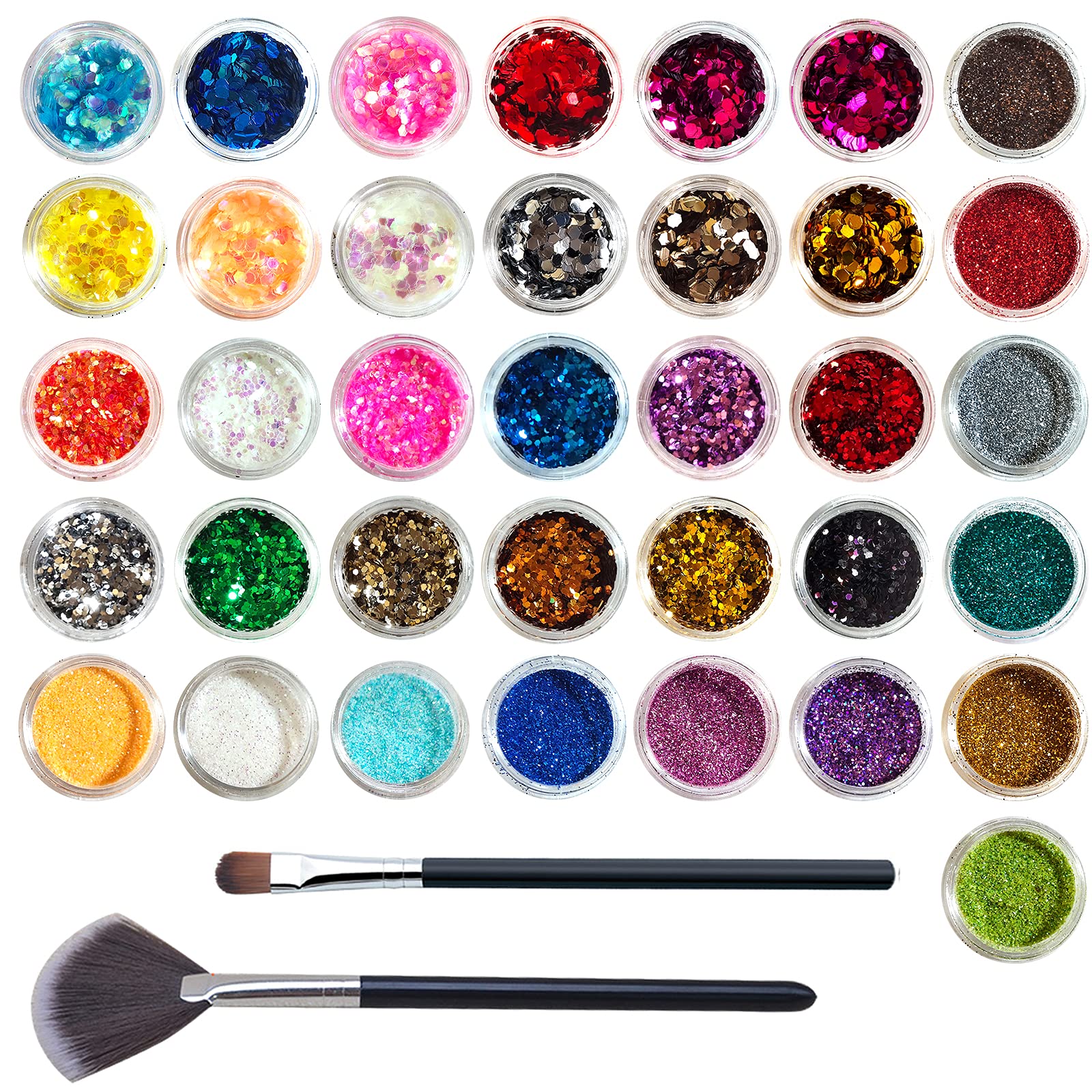 VEGCOO 36 Pots Nail Art Glitter Sequins Powder, 24 Pots Holographic Nail Sequins & 12 Pot Extra Fine Glitters, Chunky Cosmetic Glitter for Body, Face, Eye, Lips, Card Making, Crafting, Scrapbooking