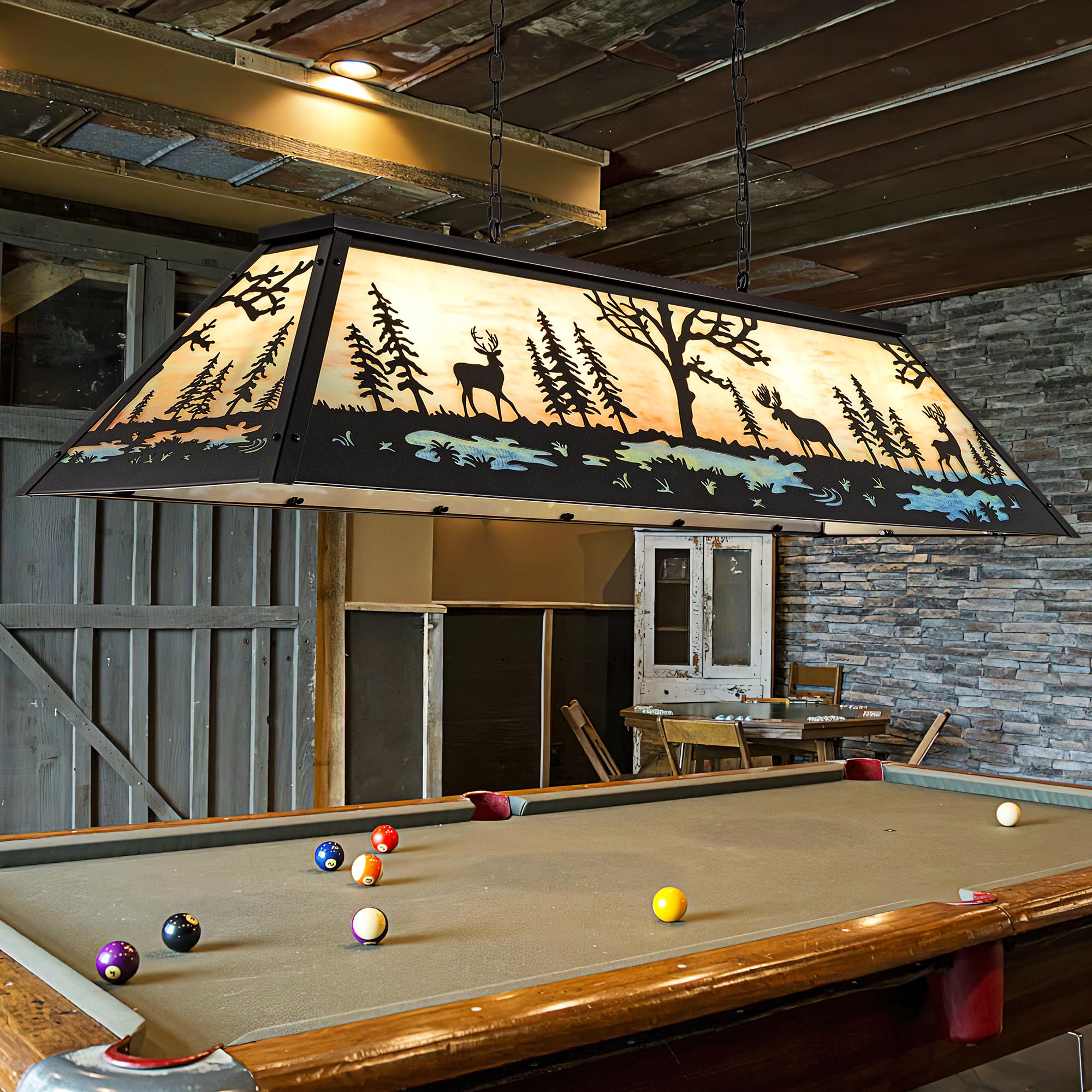 Photo 1 of Wellmet 60in Tiffany Pool Table Light, 4 Lights Rustic Billiard Hanging Light Fixture for 7' 8' 9' Pool Table, Farmhouse Chandelier for Snooker Table, Cabin, Game Room, Dining Room, Kitchen Island