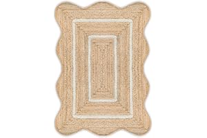 Weaving Village Wave Scalloped Natural Jute Rug Boho Jute Rug Entryway Runner Rug Farmhouse Scallop Rug, Off White (2'x3')