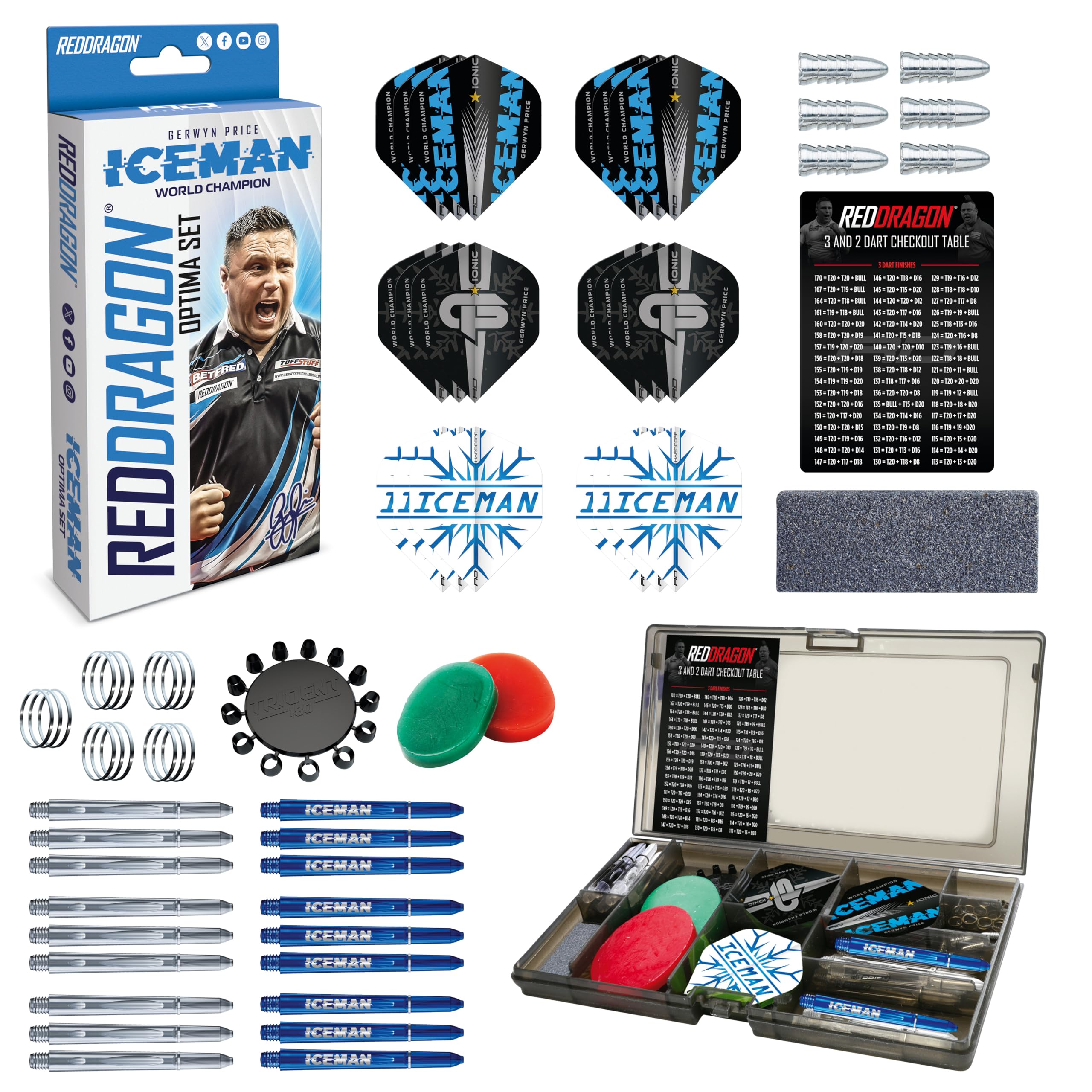 RED DRAGON Darts–Gerwyn Price Iceman Optima Multi Accessory Pack–Professional Darts Kit with Dart Flights, Shafts, Flight Savers, Checkout Card & Storage Case For Darts Accessories — image 1