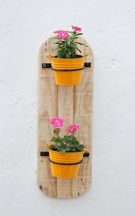 Green Gardenia Vertical Wall 2 Pot Holders with Bucket Planter/Wall Planter, Yellow and Beige (Yellow)