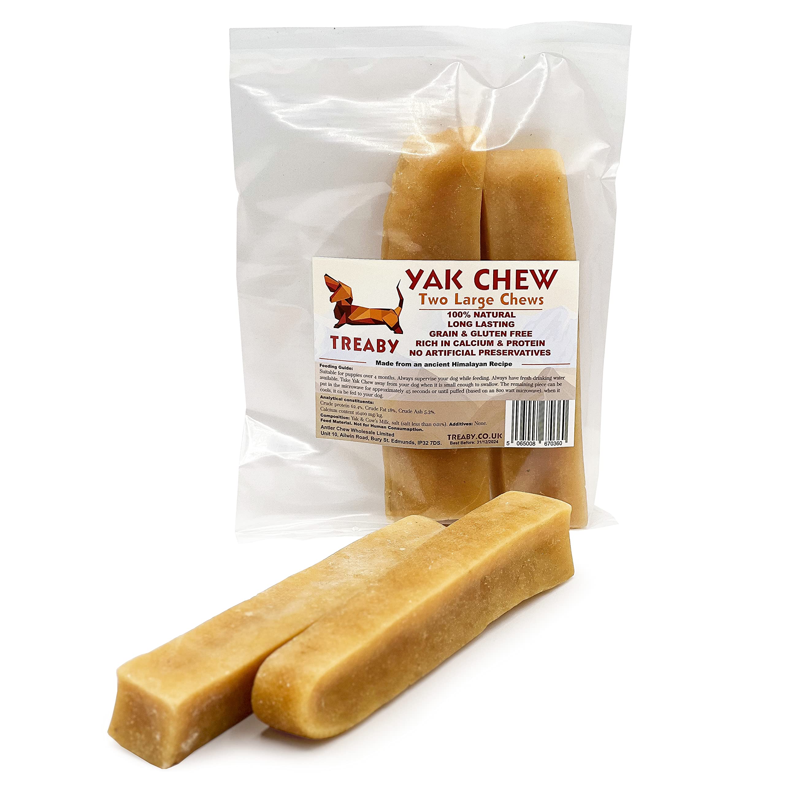 Treaby Himalayan Yak Milk Chews – Large Dental Sticks for Dogs & Puppies (2 Pack, 121–130g each, 14cm) | Long-Lasting Natural Dog Treats | Grain-Free, Protein-Rich & Healthy Chews for Dental Support